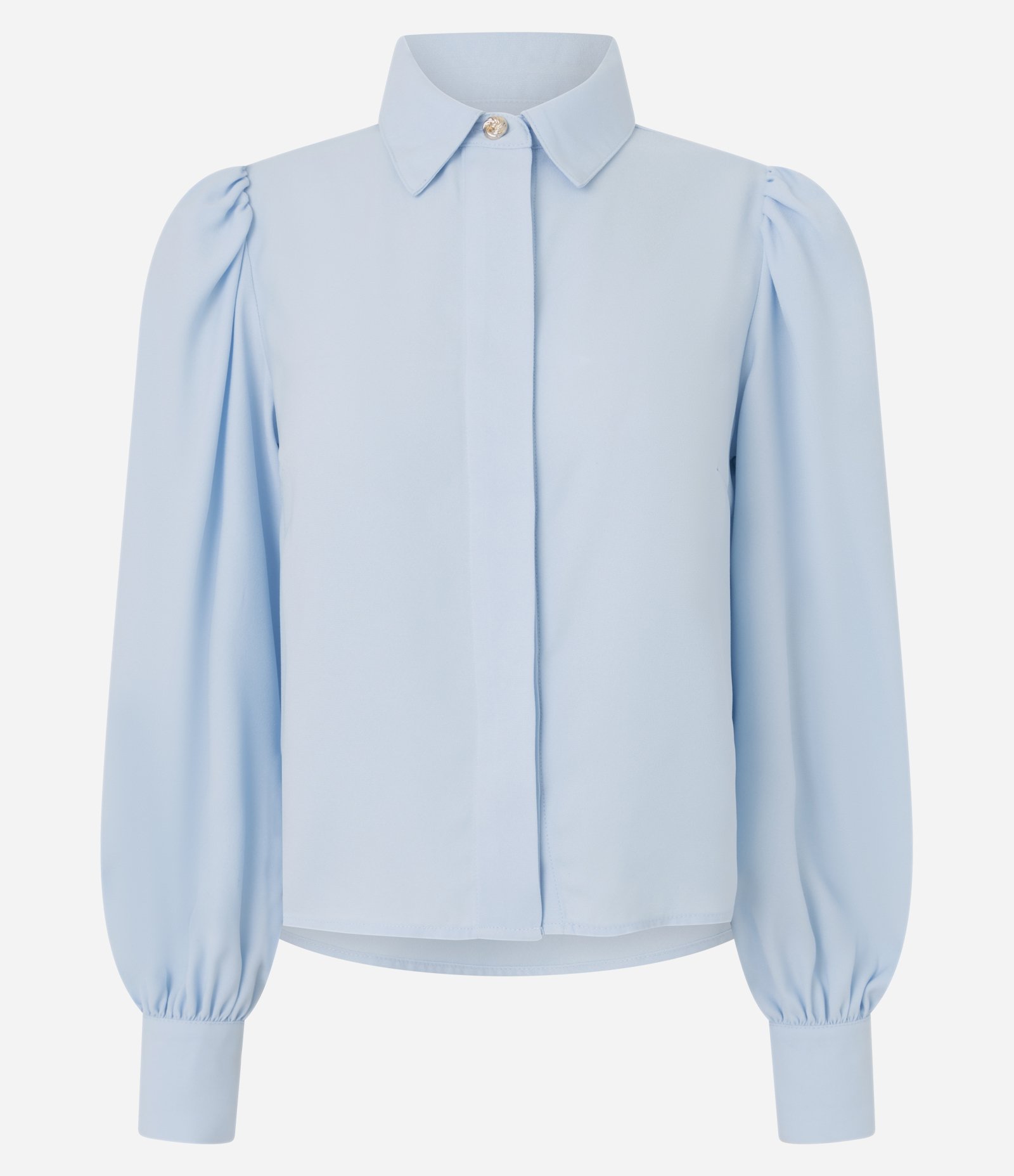 Camisa em Crepe com Botão Diferenciado e Manga Bufante Azul 1