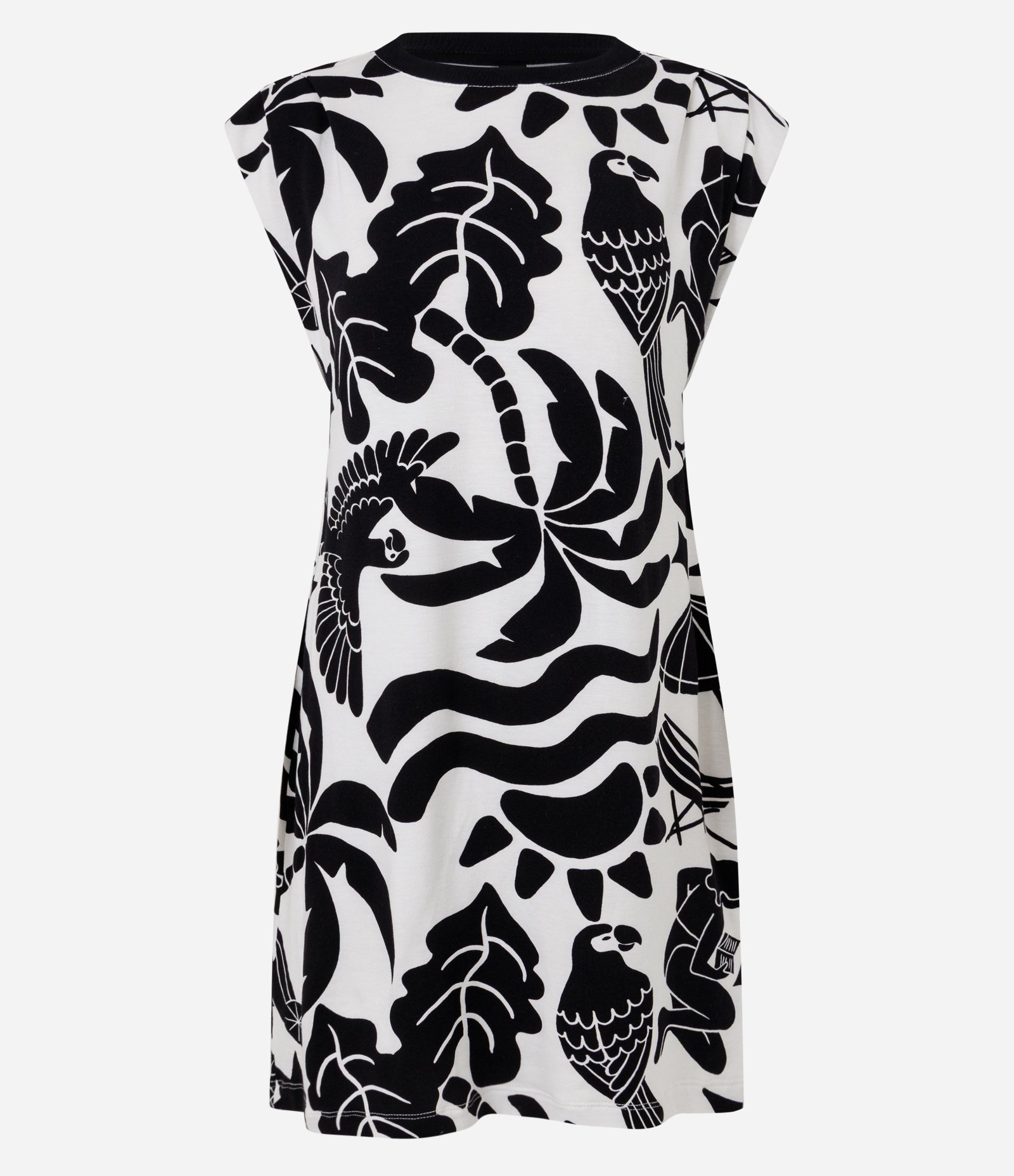 Vestido Curto em Crepe Bicolor com Estampa Tropical Branco/Preto 1