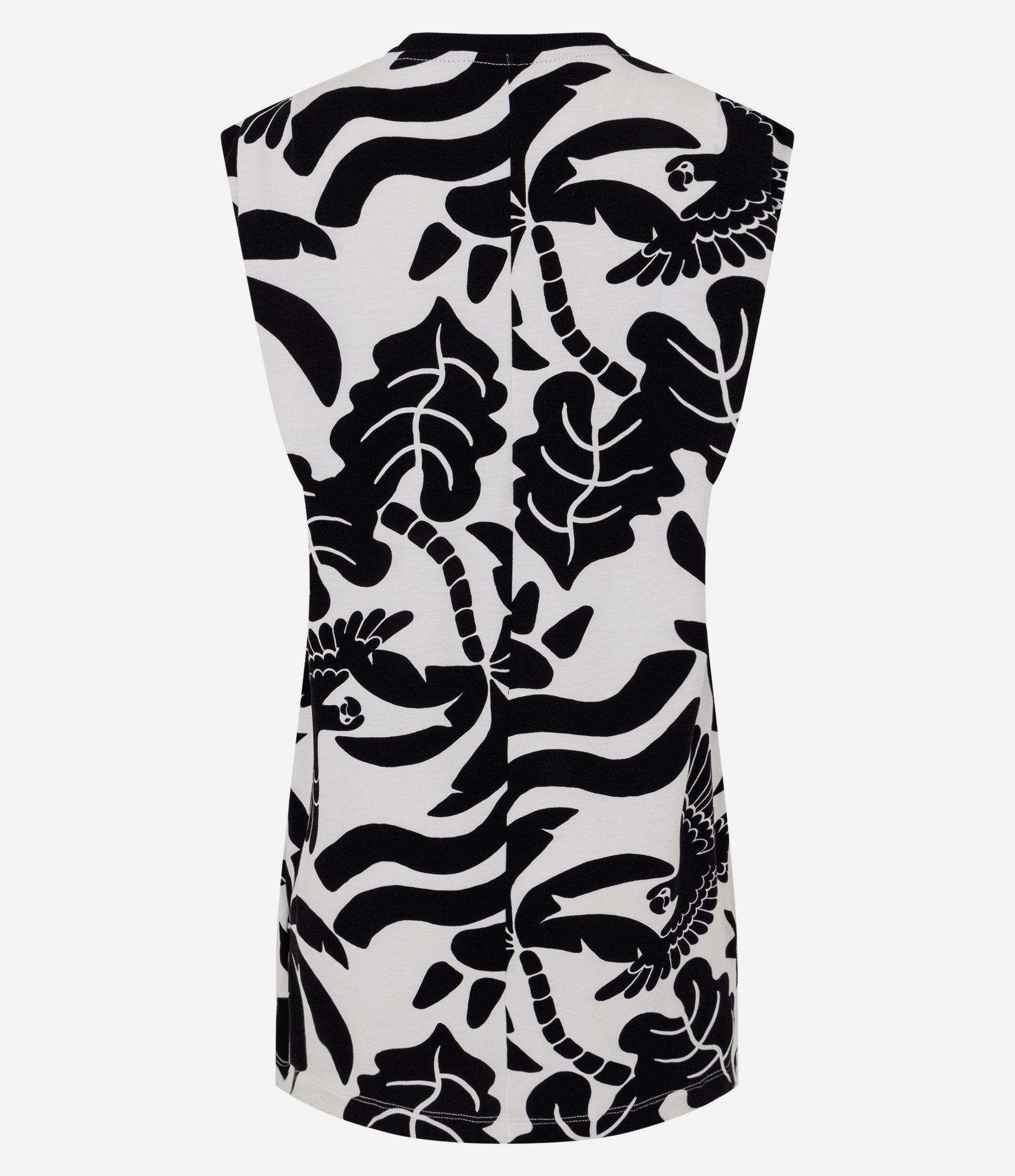 Vestido Curto em Crepe Bicolor com Estampa Tropical Branco/Preto 2