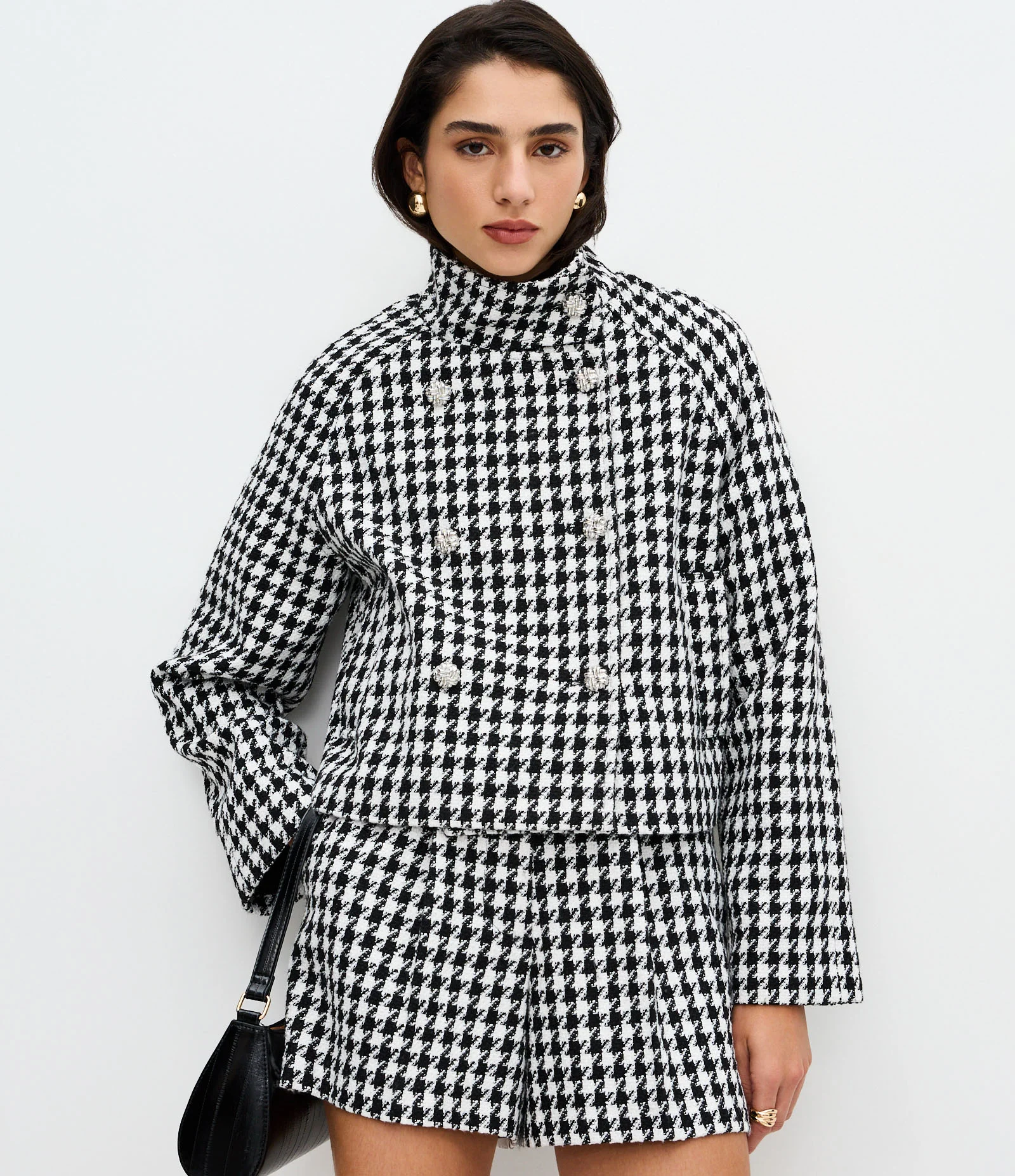 Casaco Curto com Estampa Pied de Poule Branco/Preto 1