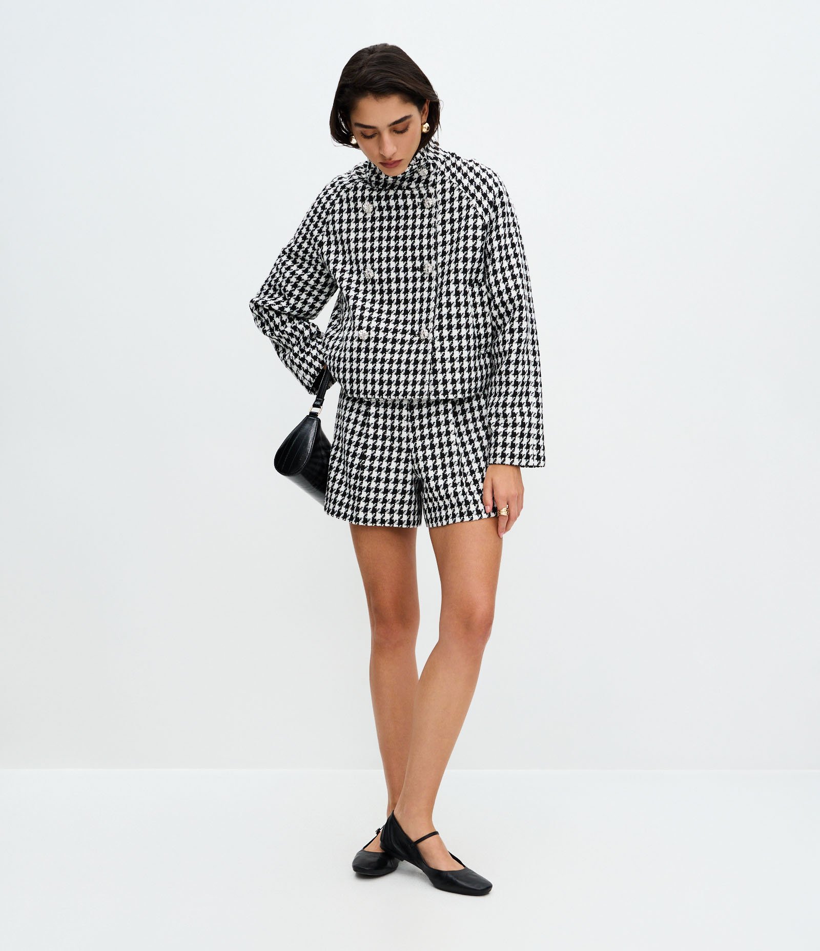 Casaco Curto com Estampa Pied de Poule Branco/Preto 2