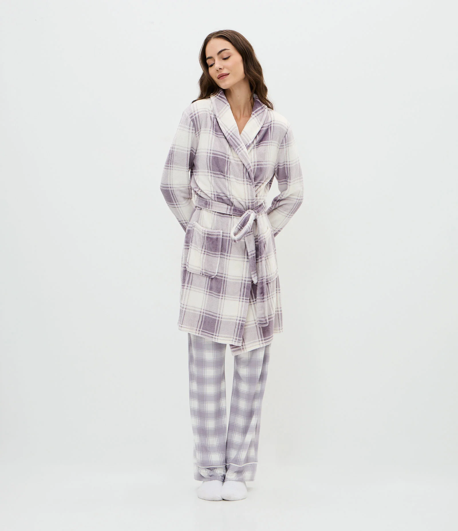 Robe Regular em Fleece com Estampa Xadrez Roxo 2