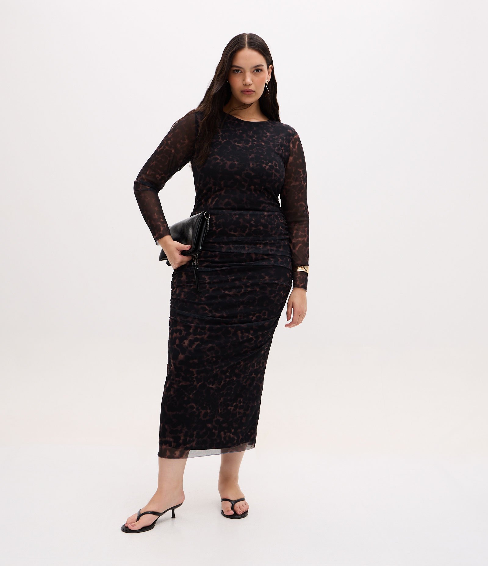 Vestido Longo em Tule com Estampa Animal Print  Curve & Plus Size Preto/Marrom 1