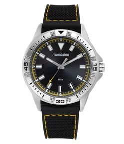 Relógio Analógico Metal Cromado e Silicone Preto Masculino Mondaine