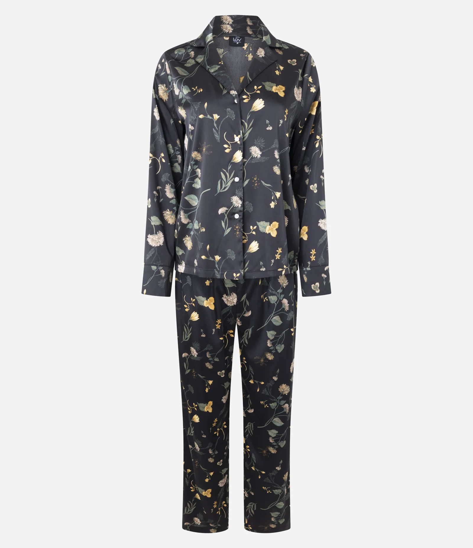 Pijama Longo Americano em Cetim com Estampa Floral Preto 1