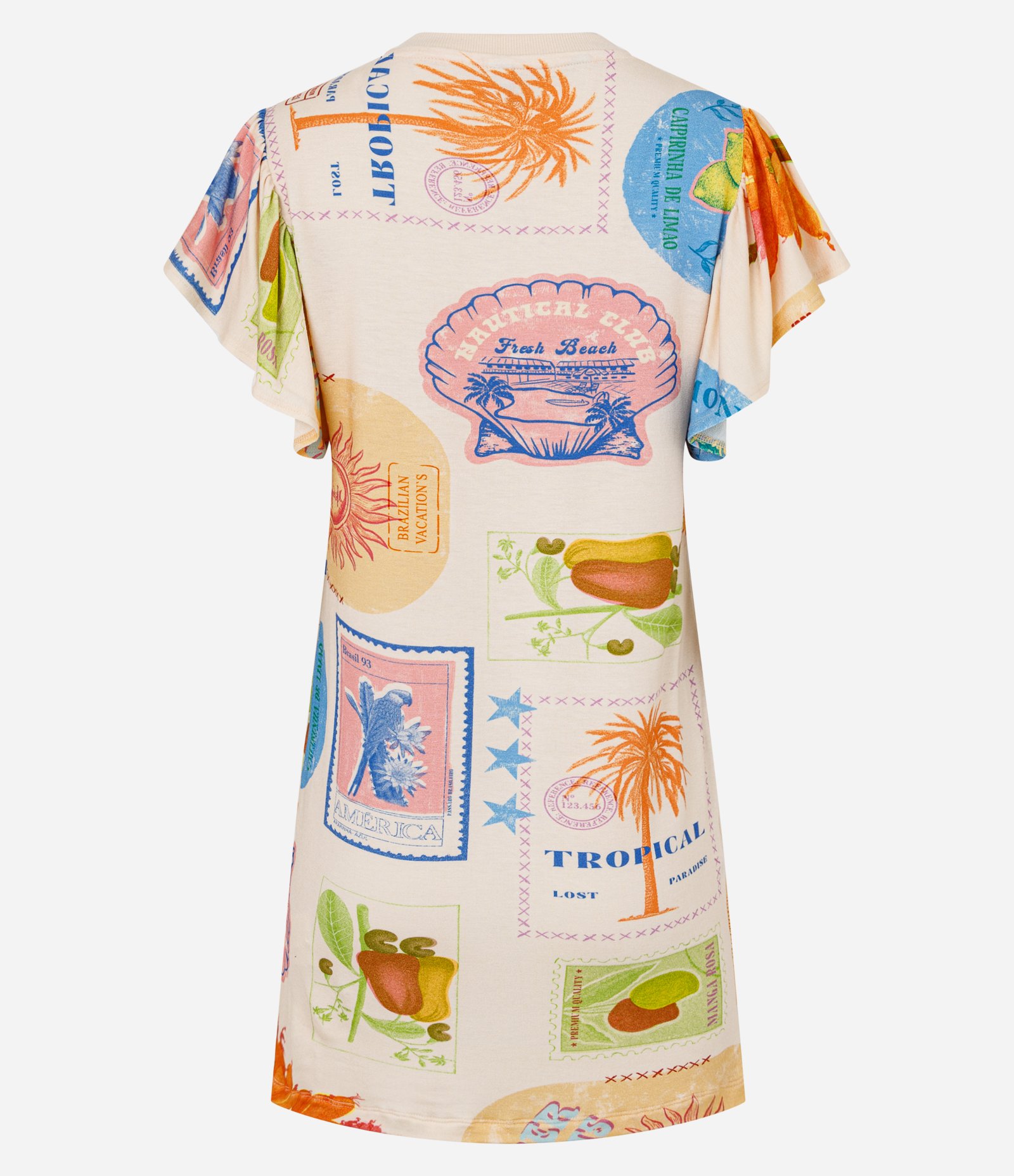 Vestido T-Shirt Dress Curto em Crepe com Estampa de Selos Bege 5