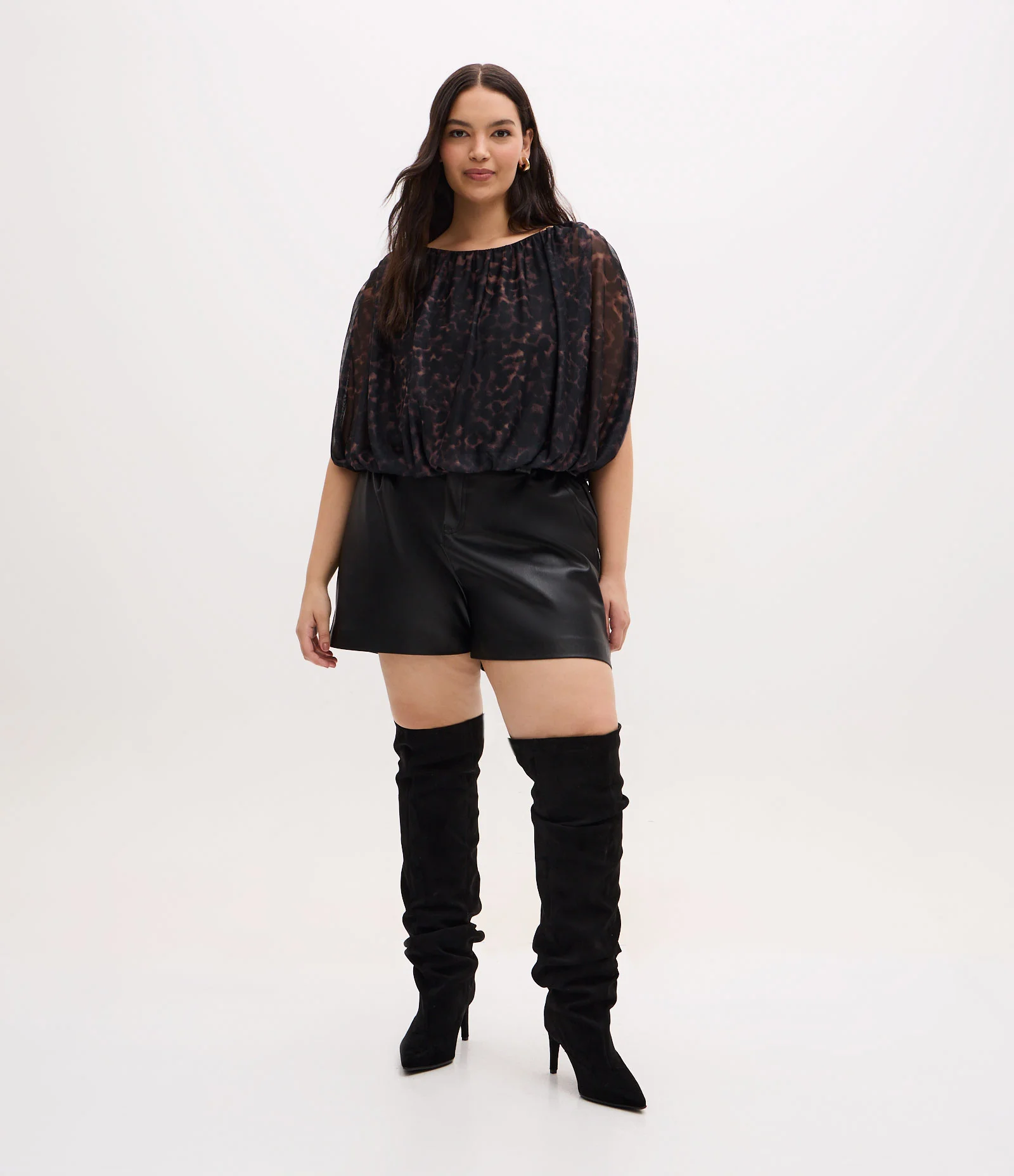 Blusa Balonê em Tule Animal Print Curve & Plus Size Preto/Marrom 2