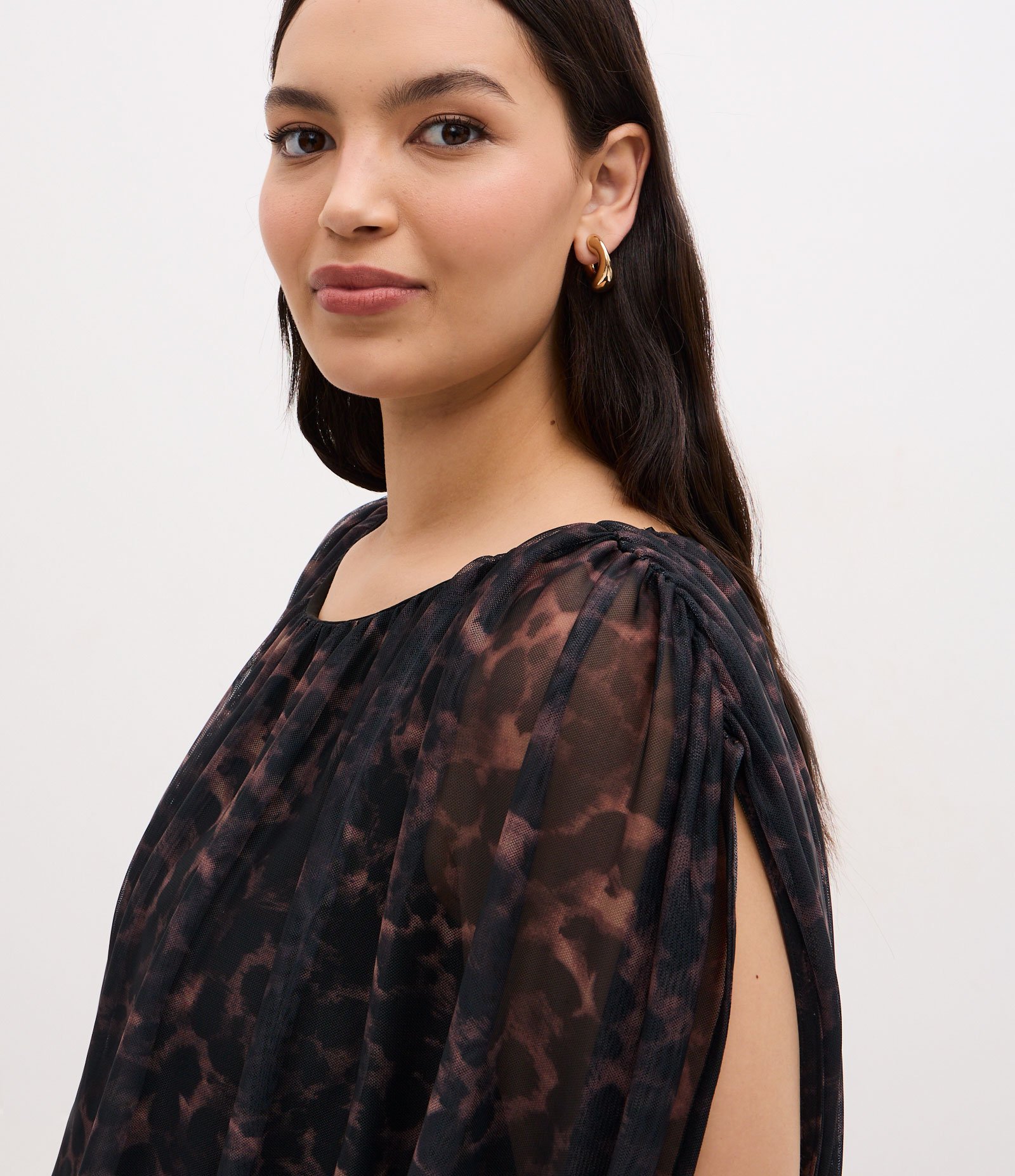 Blusa Balonê em Tule Animal Print Curve & Plus Size Preto/Marrom 3