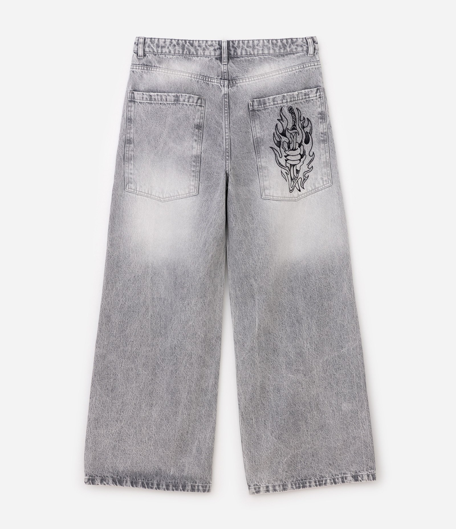 Calça Mega Baggy em Jeans com Bordado Localizado Cinza 6