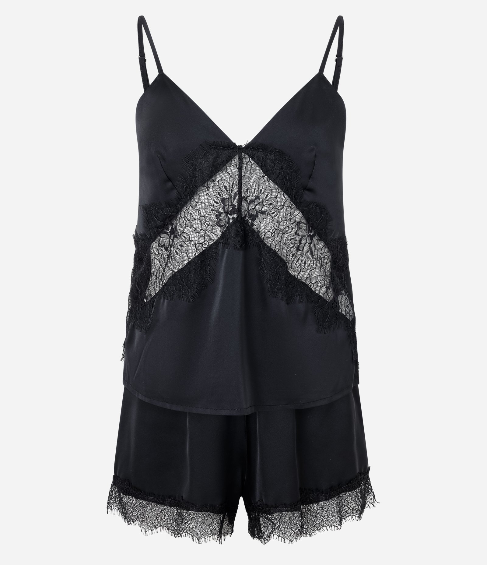 Pijama Short Doll em Cetim com Renda Preto 1