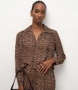 Blusa Feminina Manga Longa Animal Print Onça Chiffon