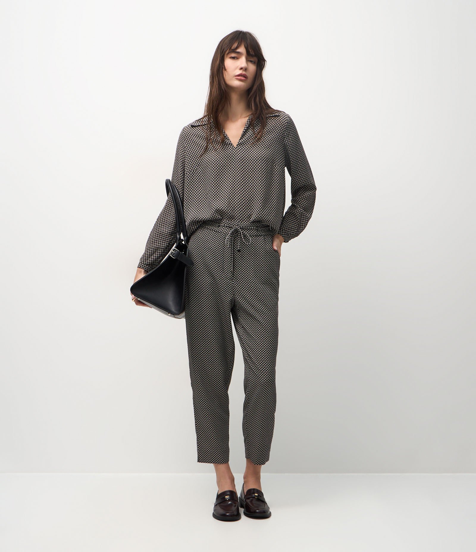 Blusa Feminina Manga Longa Mini Pied-de-Poule Chiffon Preto 2