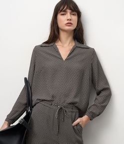 Blusa Feminina Manga Longa Mini Pied-de-Poule Chiffon