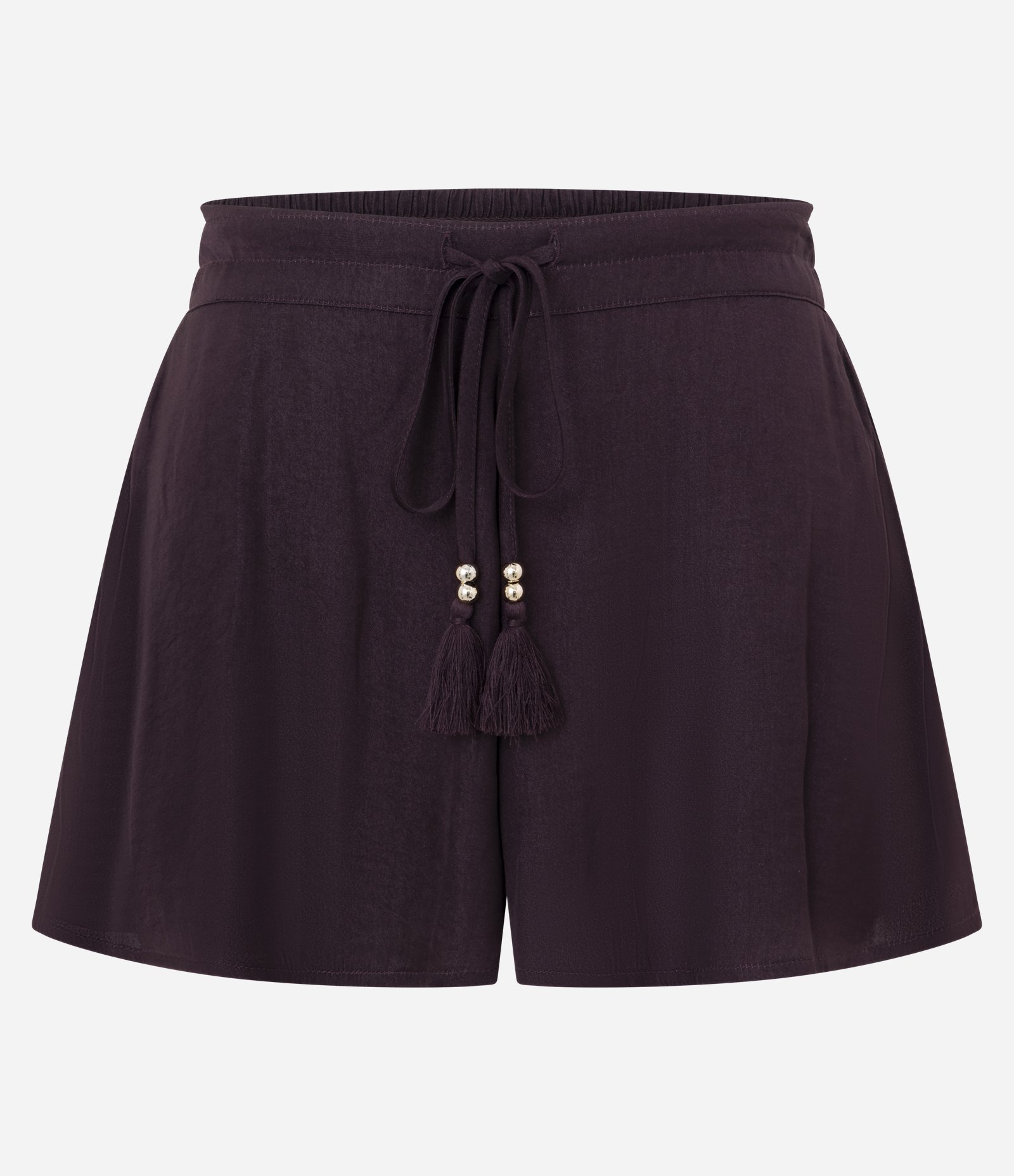 Short Evasê Acetinado com Cintura Alta e Tassel Bordô 5