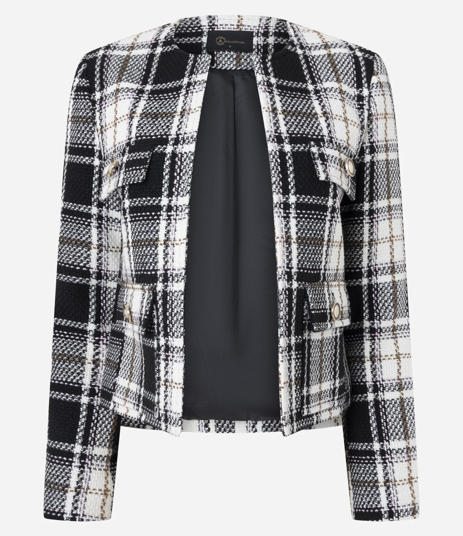 Jaqueta em Tweed com Bolsos e Gola Redonda Preto 1