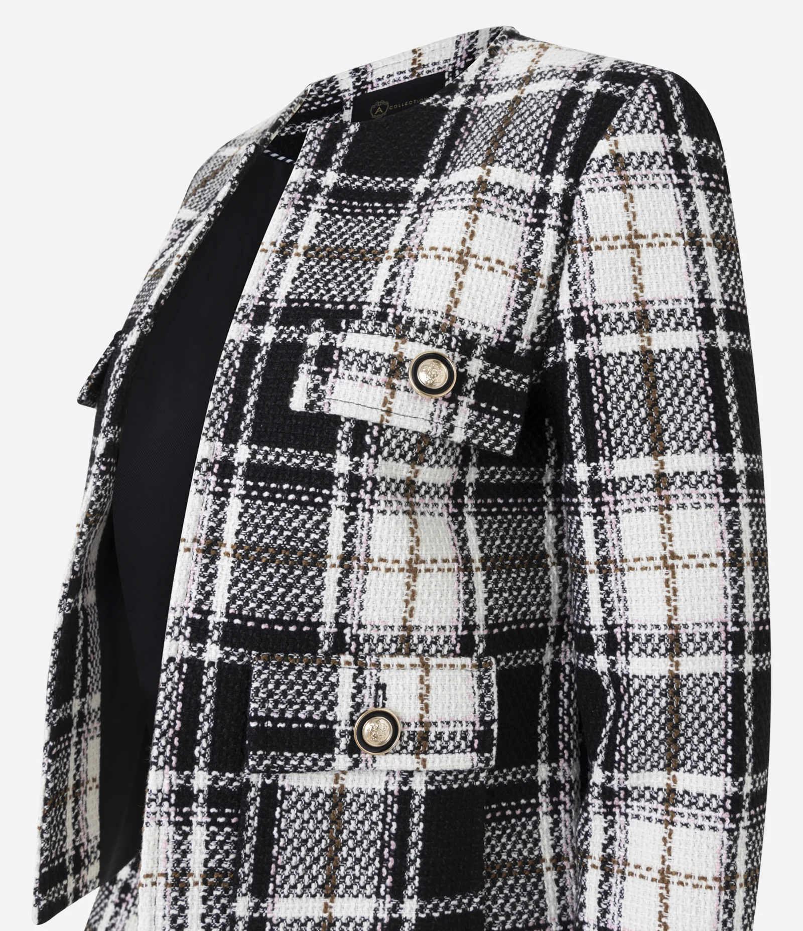 Jaqueta em Tweed com Bolsos e Gola Redonda Preto 2