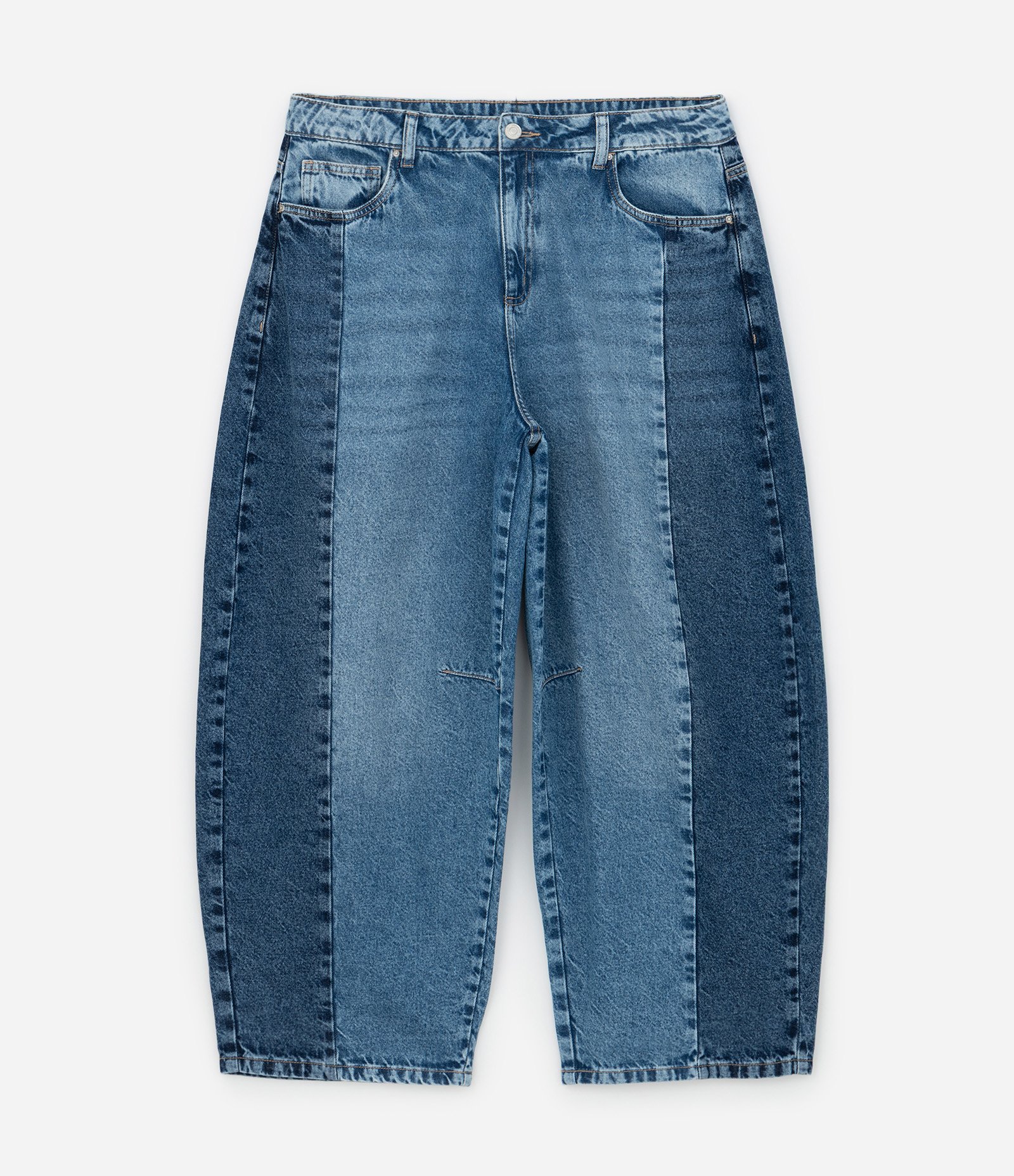 Calça Barrel Jeans com Recortes Contrastantes Curve & Plus Size Azul 6