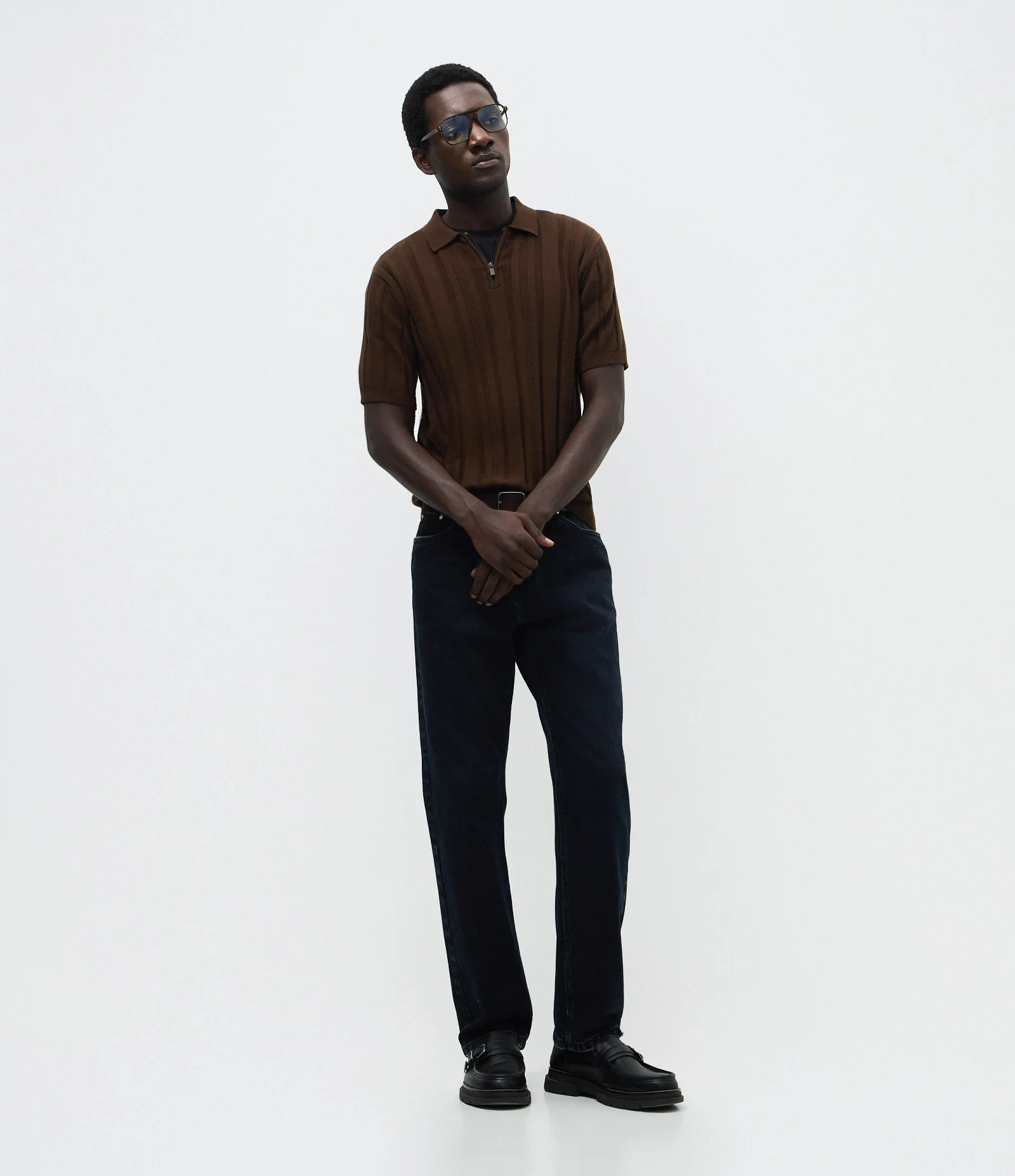 Camisa Polo Texturizada em Algodão com Zíper Marrom 2