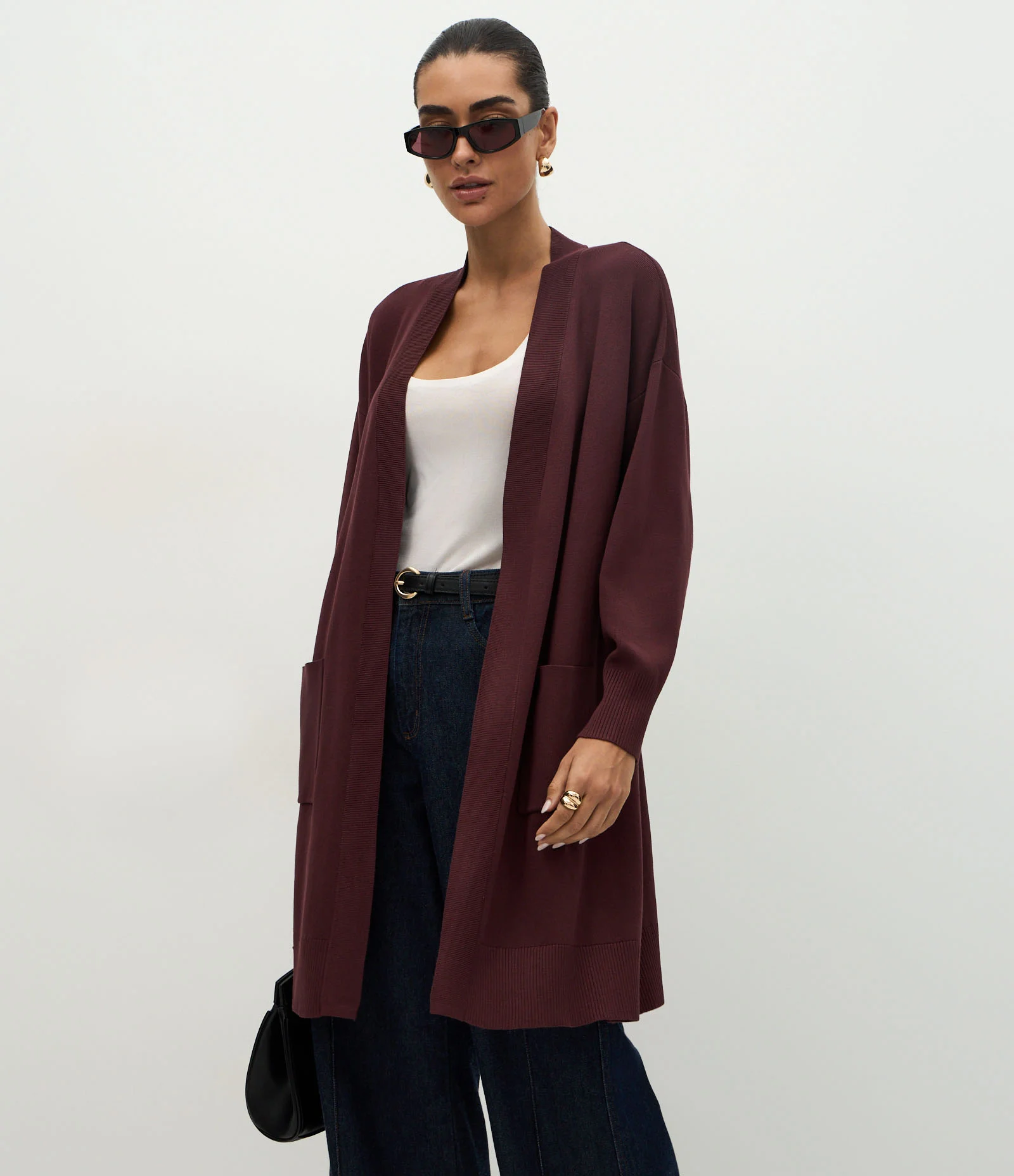 Cardigan Alongado em Tricô com Bolsos Vinho 1