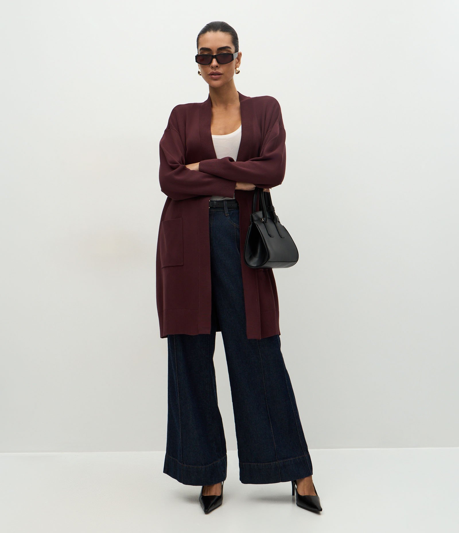 Cardigan Alongado em Tricô com Bolsos Vinho 2