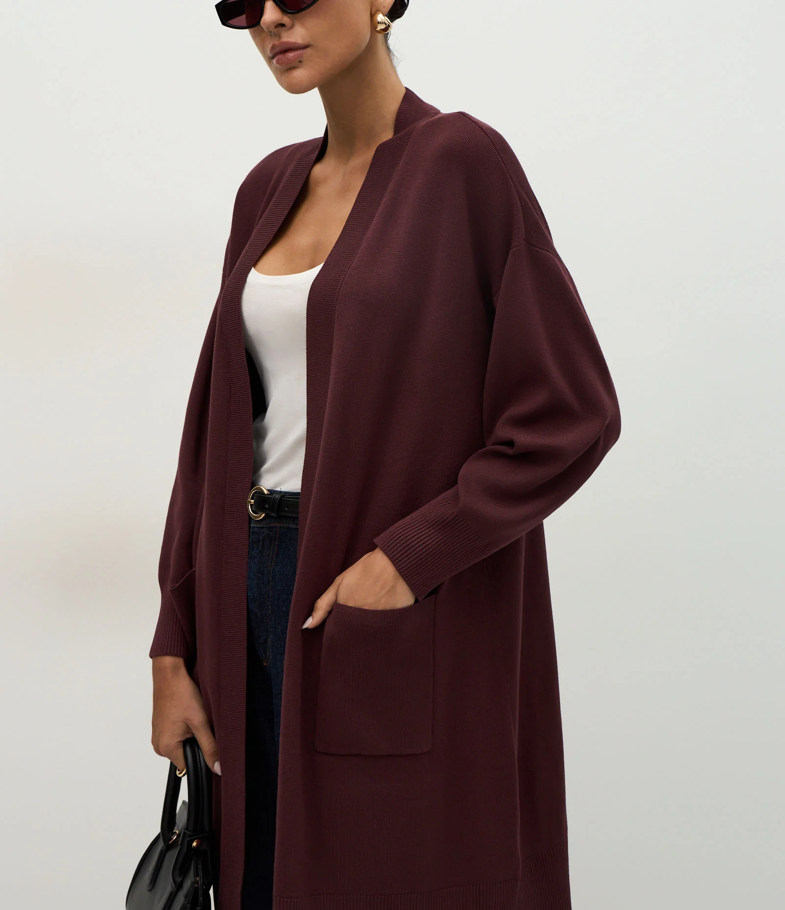 Cardigan Alongado em Tricô com Bolsos Vinho 4