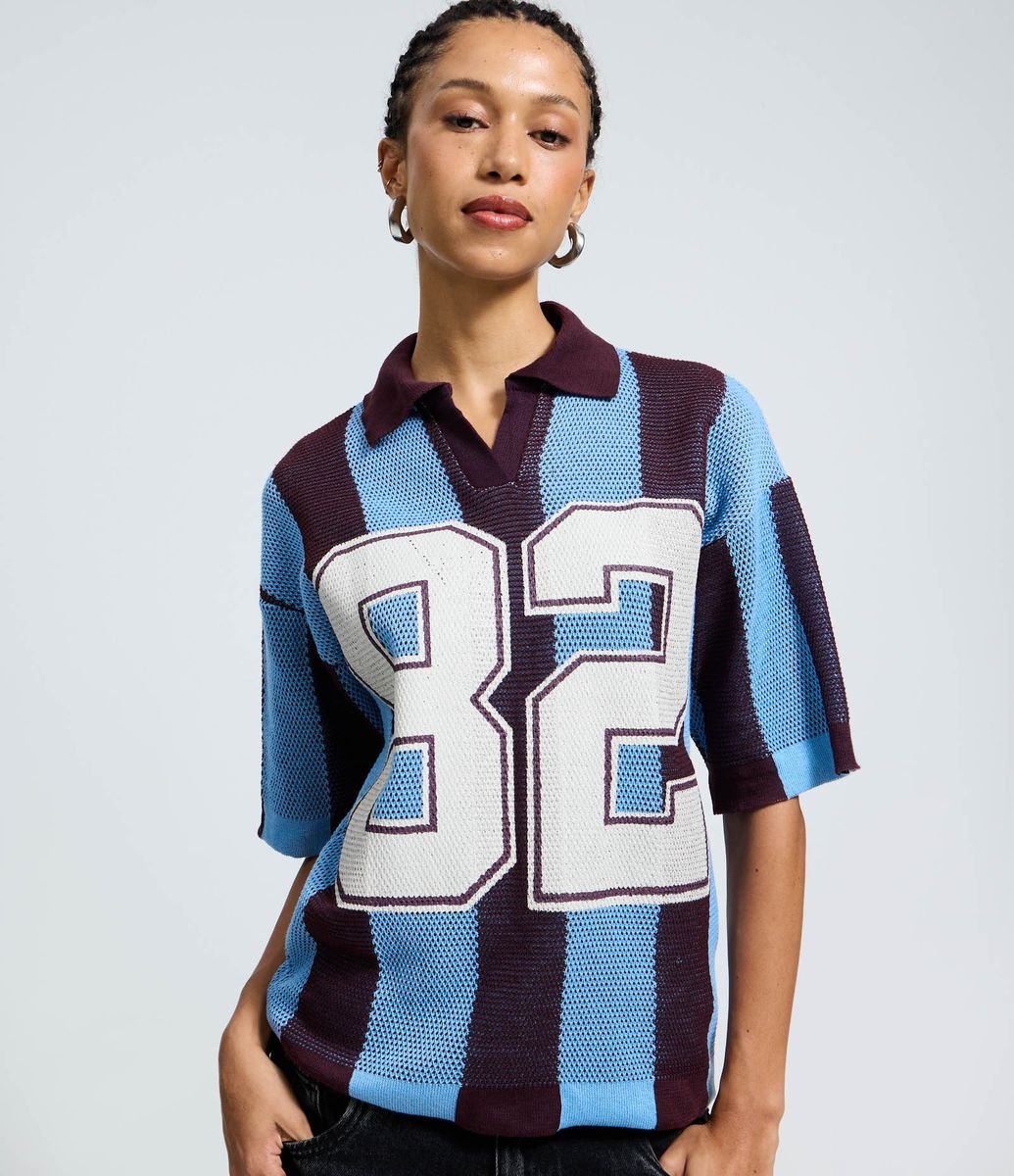 Camiseta Polo em Tricô Sportcore com Lettering 82 Azul