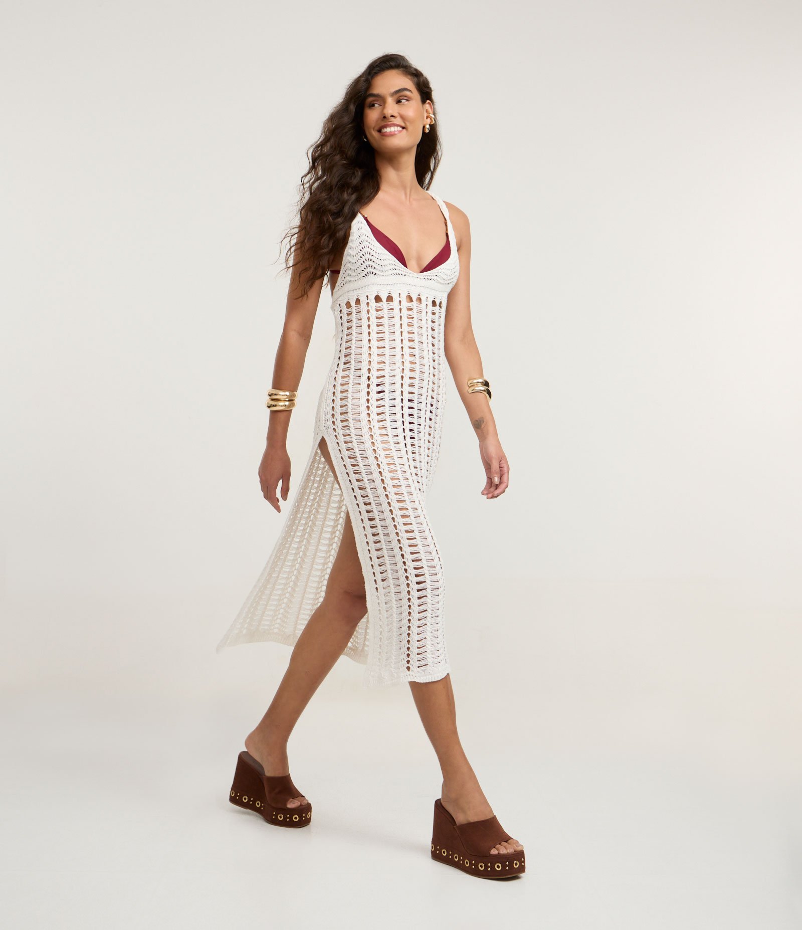 Saída de Praia Vestido Longo Efeito Crochê com Alça Trançada Branco 1