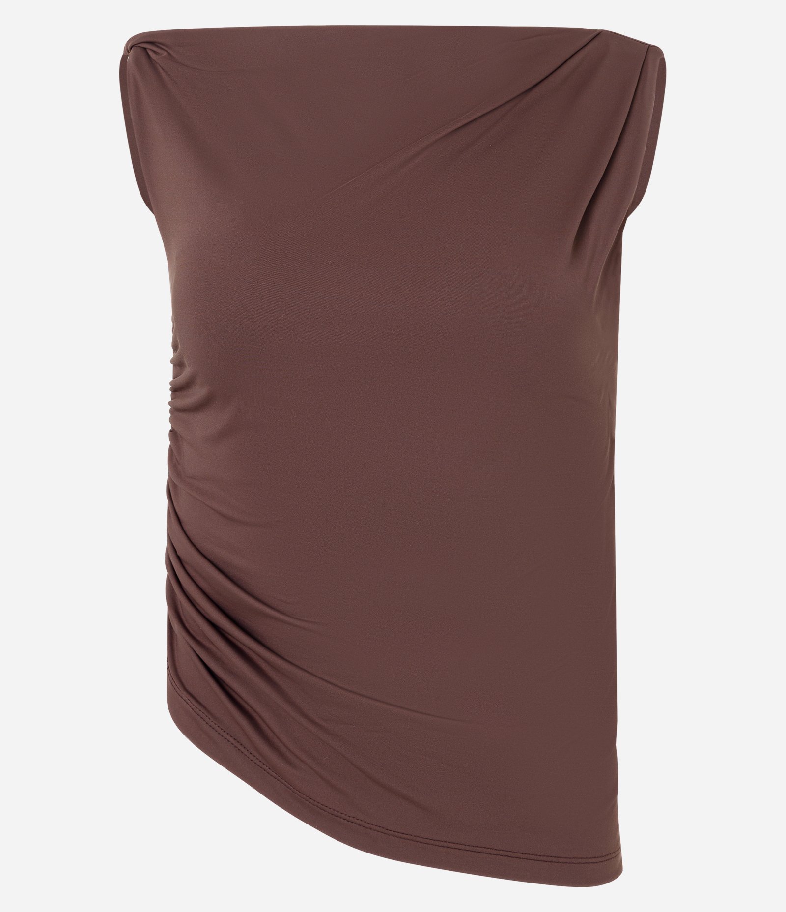 Blusa em Microfibra com Decote Ombro Só e Franzidos Marrom 1