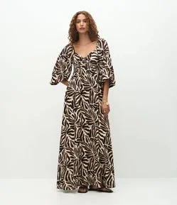 Vestido Long Midi em Viscose com Estampa de Folhagens