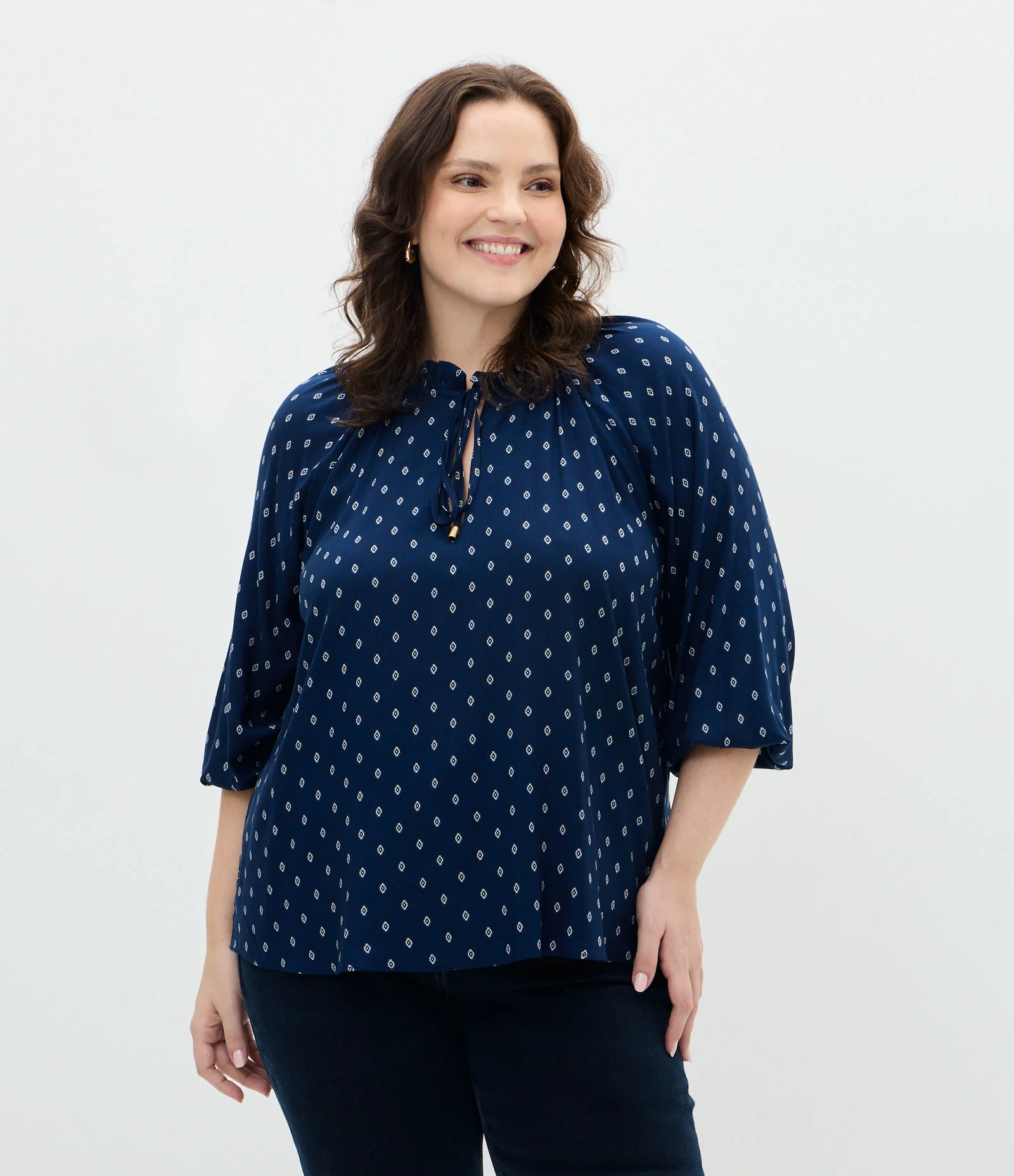 Blusa Bata Estampada em Viscose com Manga 3/4 Curve & Plus Size Azul 1