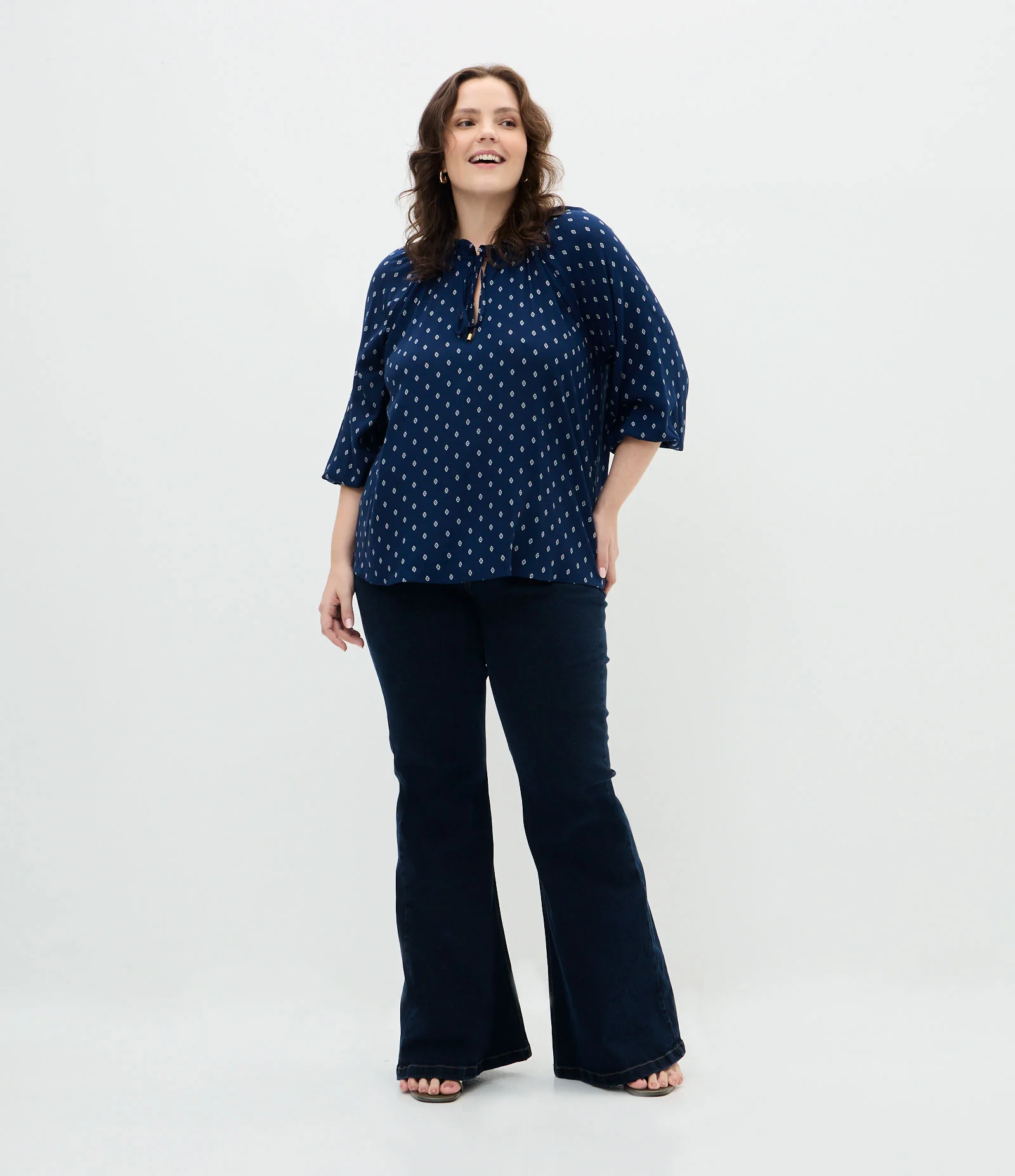 Blusa Bata Estampada em Viscose com Manga 3/4 Curve & Plus Size Azul 2
