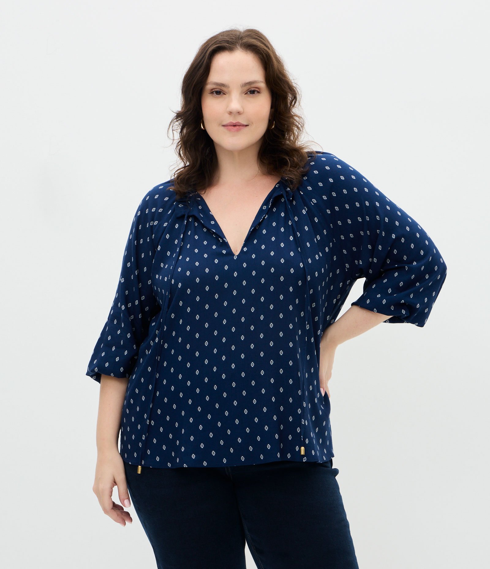Blusa Bata Estampada em Viscose com Manga 3/4 Curve & Plus Size Azul 3