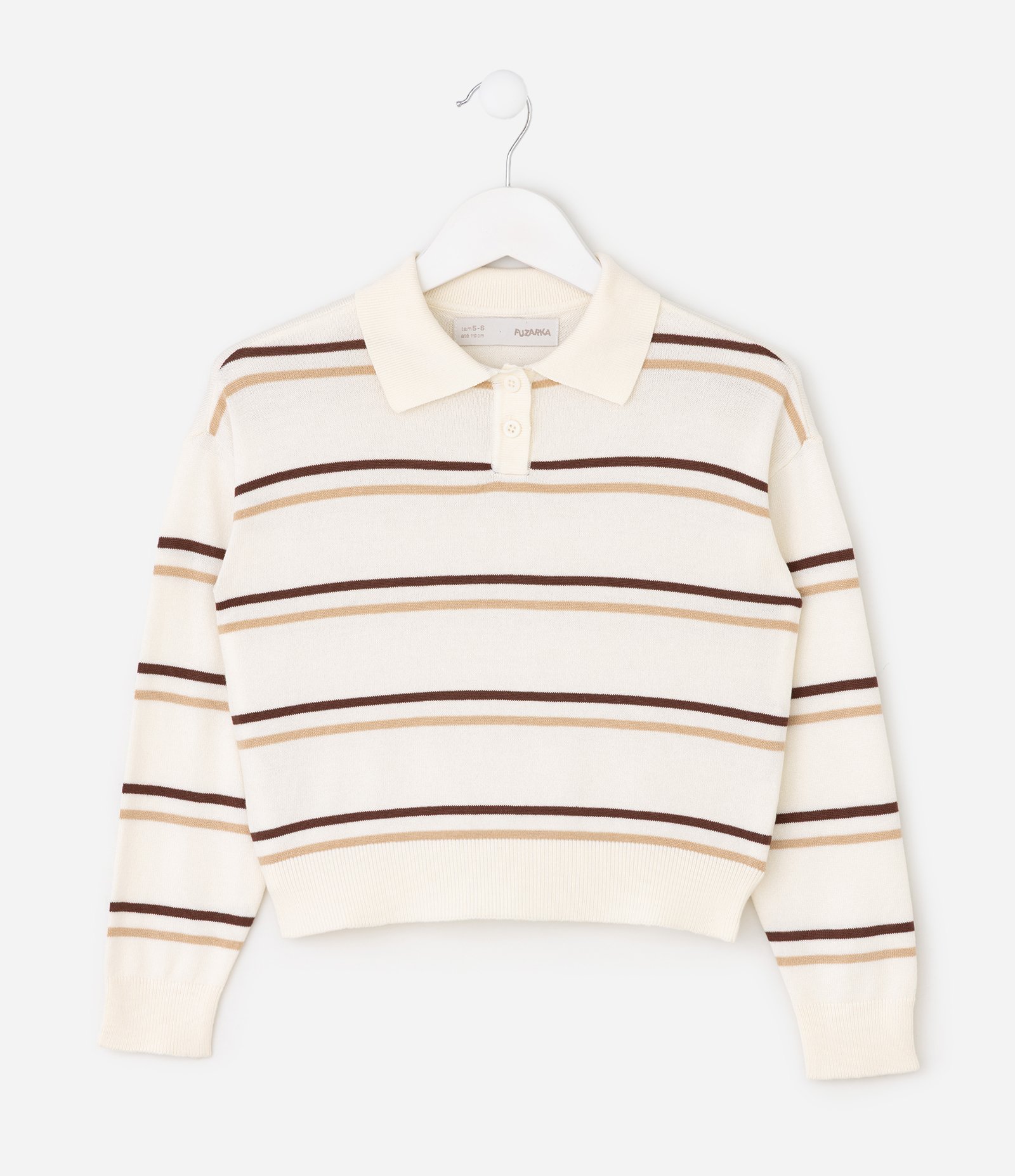Casaco Tricô Listrado com Gola Polo - Tam 5 a 14 Anos Off White 1