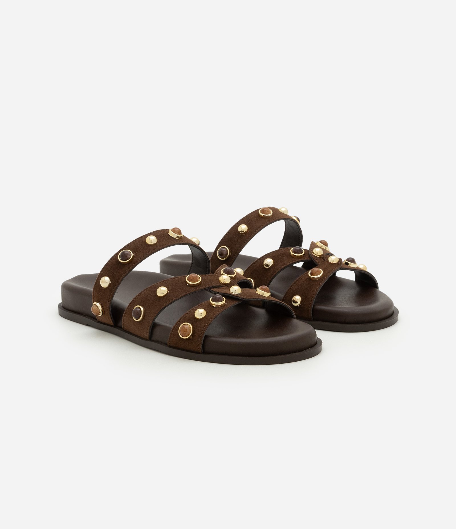 Sandália Rasteira com Pedrarias nas Tiras Marrom 2