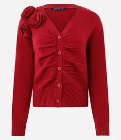 Cardigan em Tricô com Flor Aplicada no Ombro