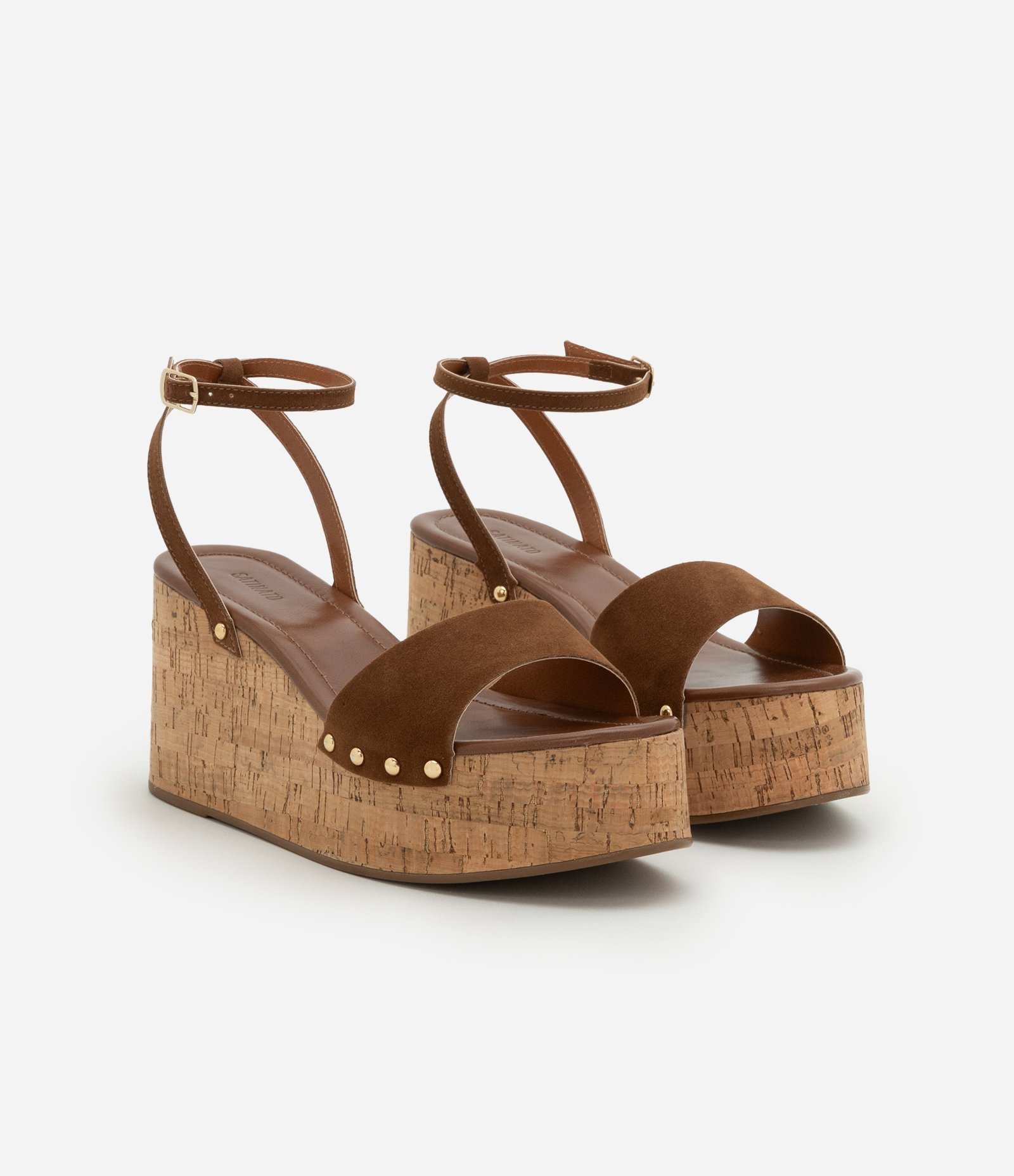 Sandália Plataforma de Tiras com Efeito Camurça e Salto com Textura Marrom 2