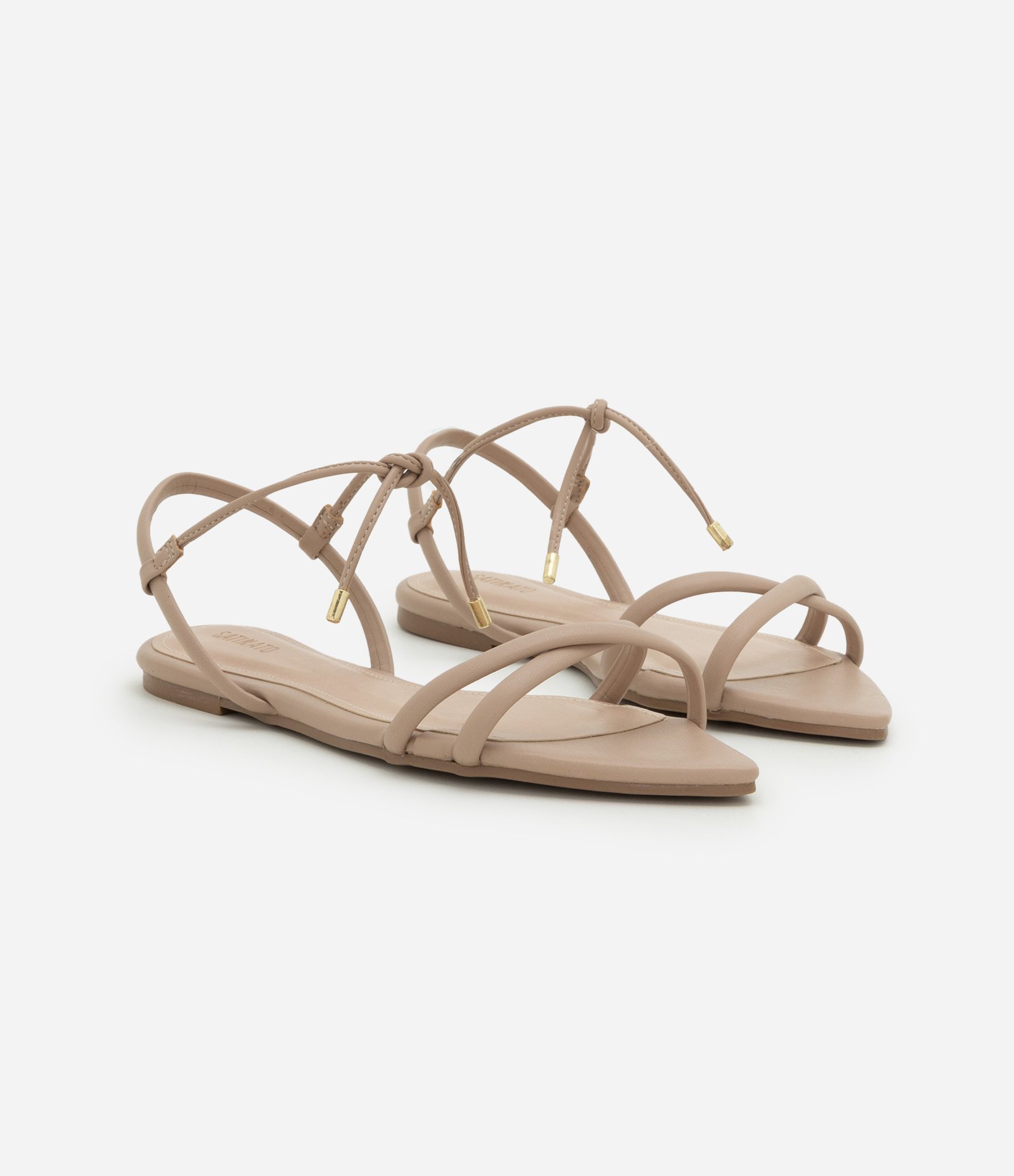 Sandália Rasteira com Bico Folha e Amarração no Tornozelo Bege 2