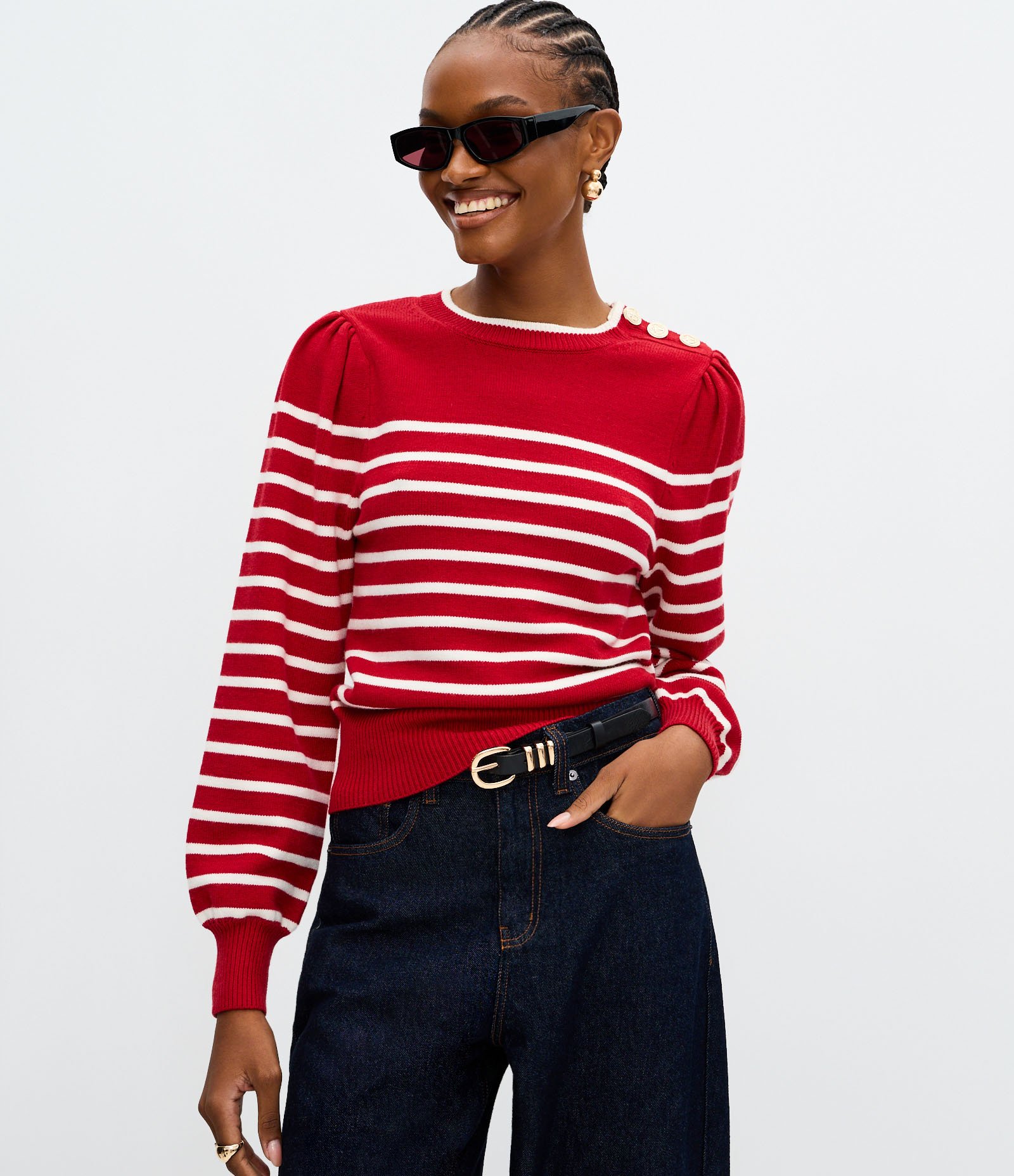 Suéter em Tricô com Estampa Listrada e Botões no Ombro Vermelho 1