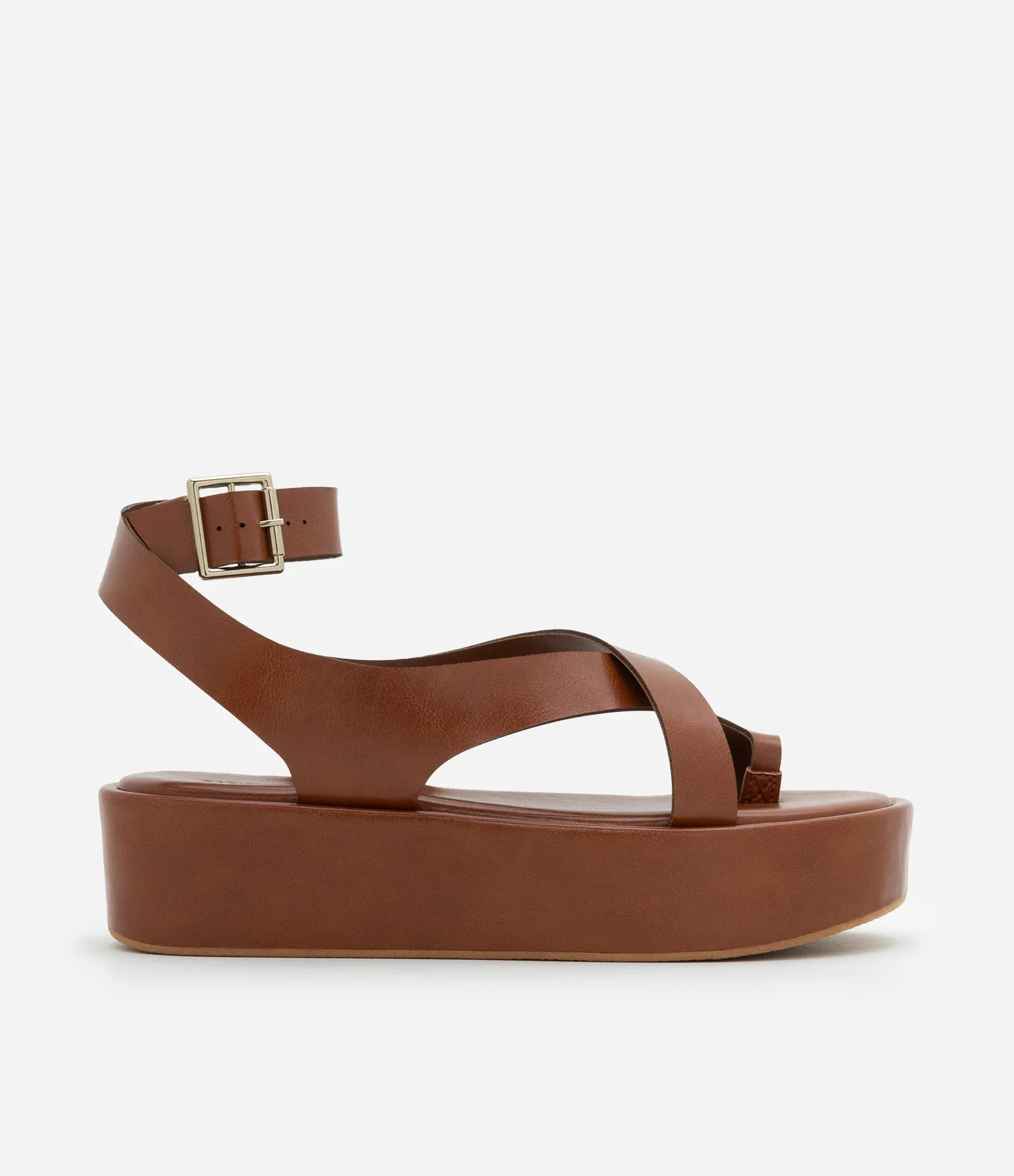 Sandália Flatform Assimétrica com Bico Redondo e Dedeira Marrom 1