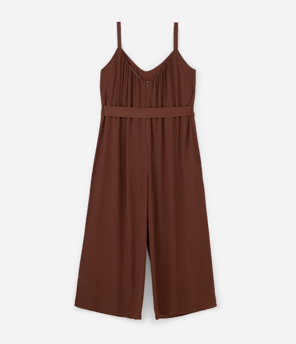 Macacão Long Midi Franzido com Faixa Curve & Plus Size Marrom