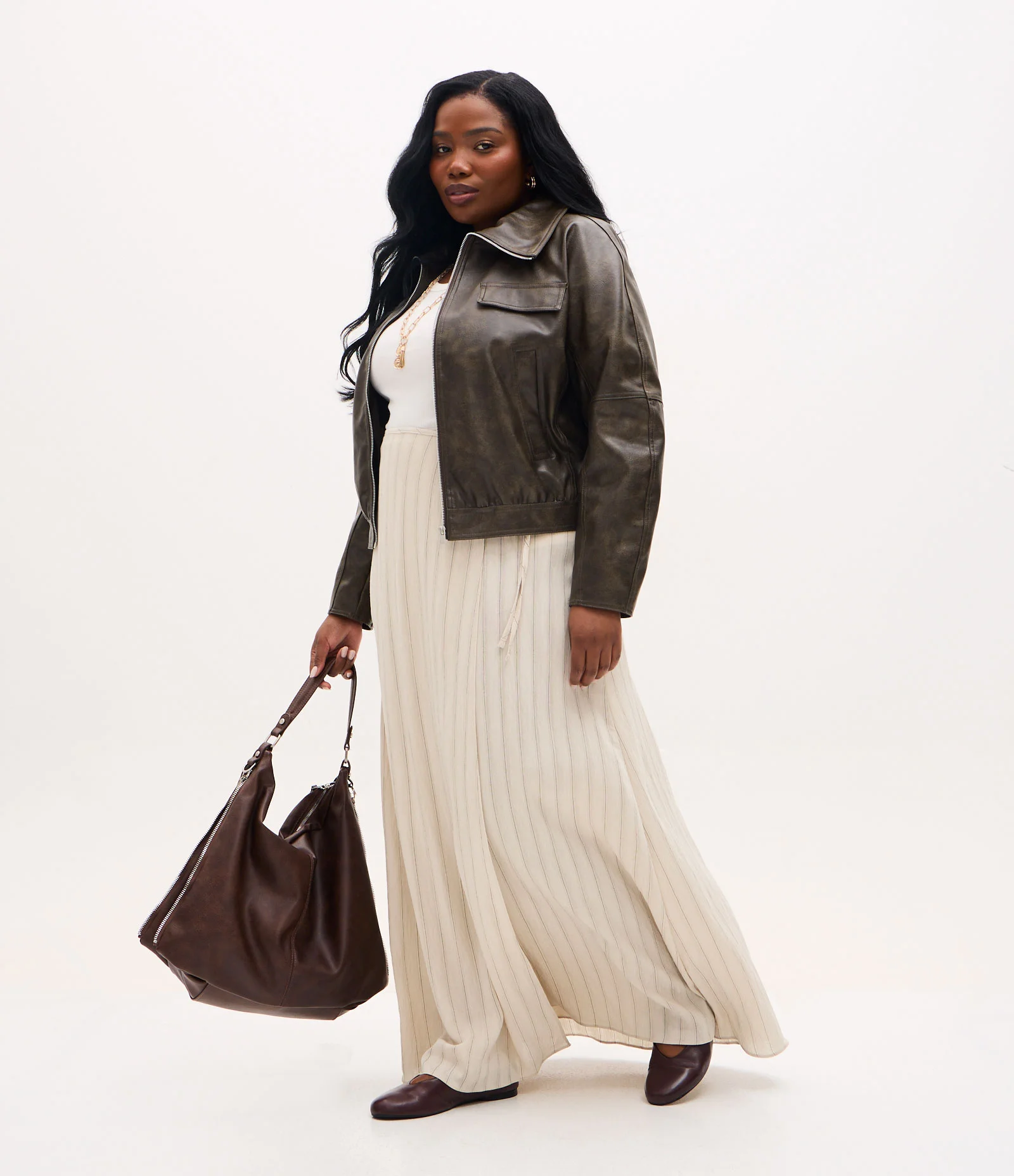 Saia Longa em Viscose com Listras e Amarração Curve & Plus Bege 1