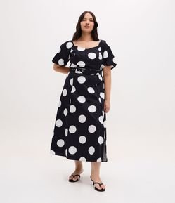 Vestido Midi Com Estampa Poá e Cinto com FIvela Curve & Plus Size