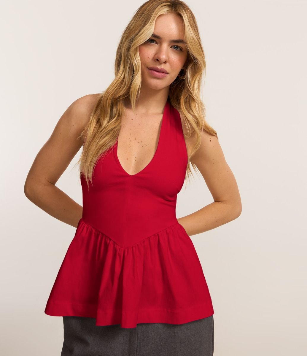 Top Peplum Frente Único Corsetado em Bengaline Vermelho