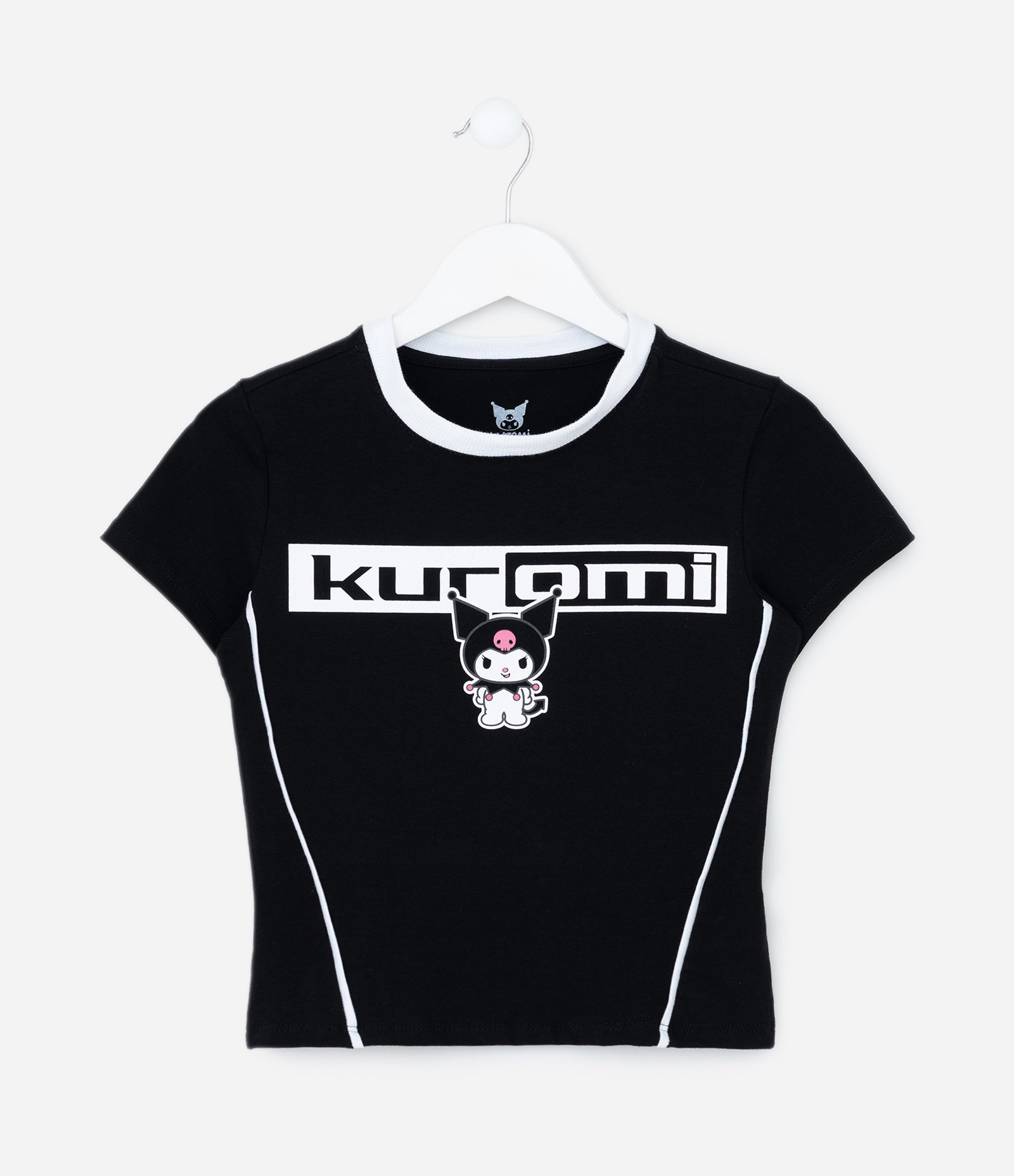 Camiseta Manga Curta em Algodão com Frisos Frontais Kuromi Preto 1
