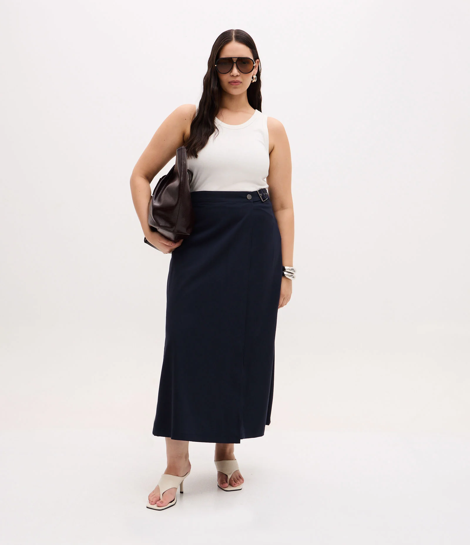 Saia Midi Alfaiatada com Fivela Lateral Curve & Plus Size Azul 1