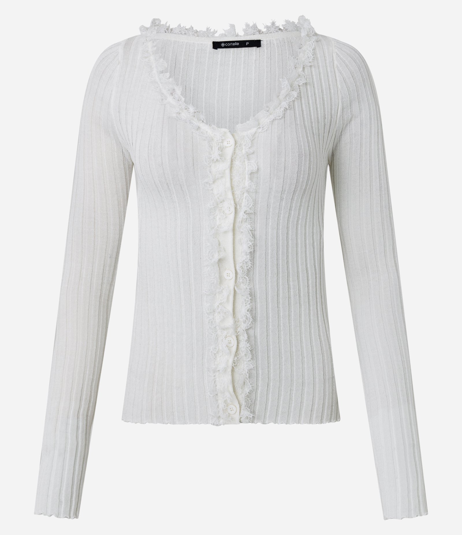 Cardigan Regular em Tricô com Renda Aplicada Bege 1
