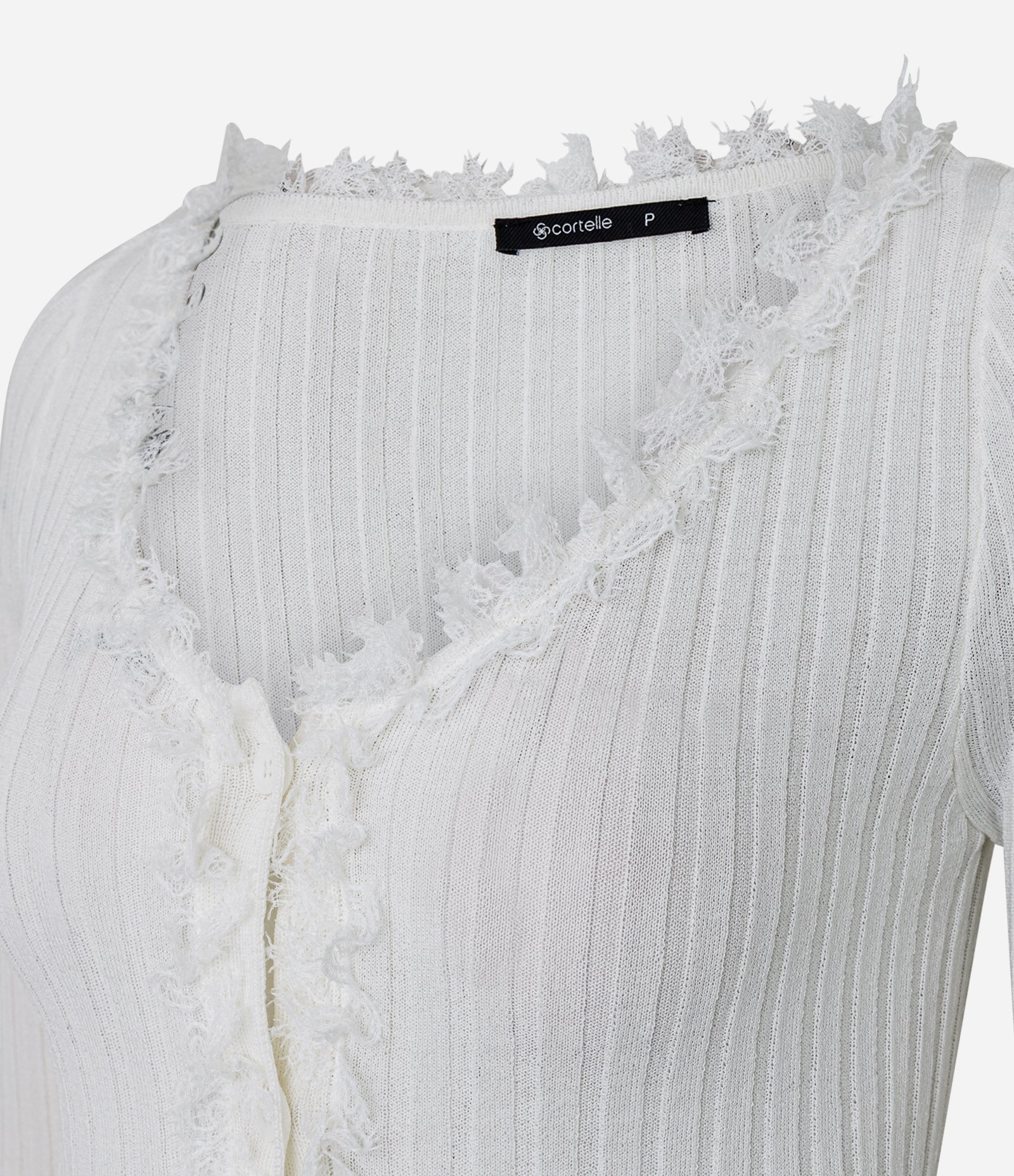 Cardigan Regular em Tricô com Renda Aplicada Bege 2