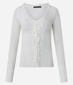 Cardigan Regular em Tricô com Renda Aplicada