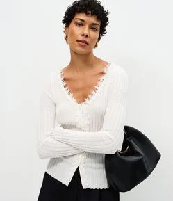 Cardigan Regular em Tricô com Renda Aplicada