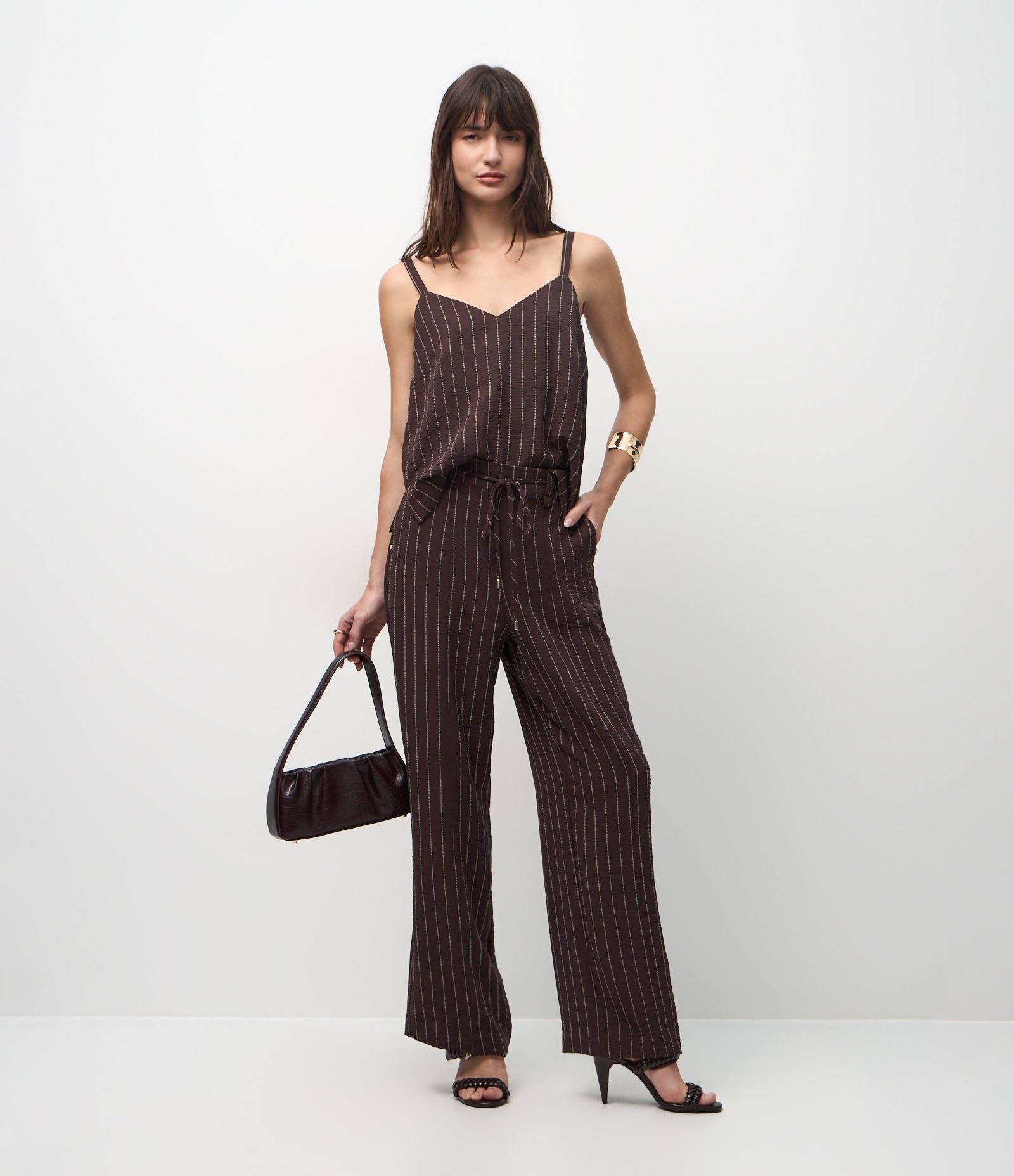 Calça Wide Leg com Estampa Listrada e Cordão para Amarração Marrom 1